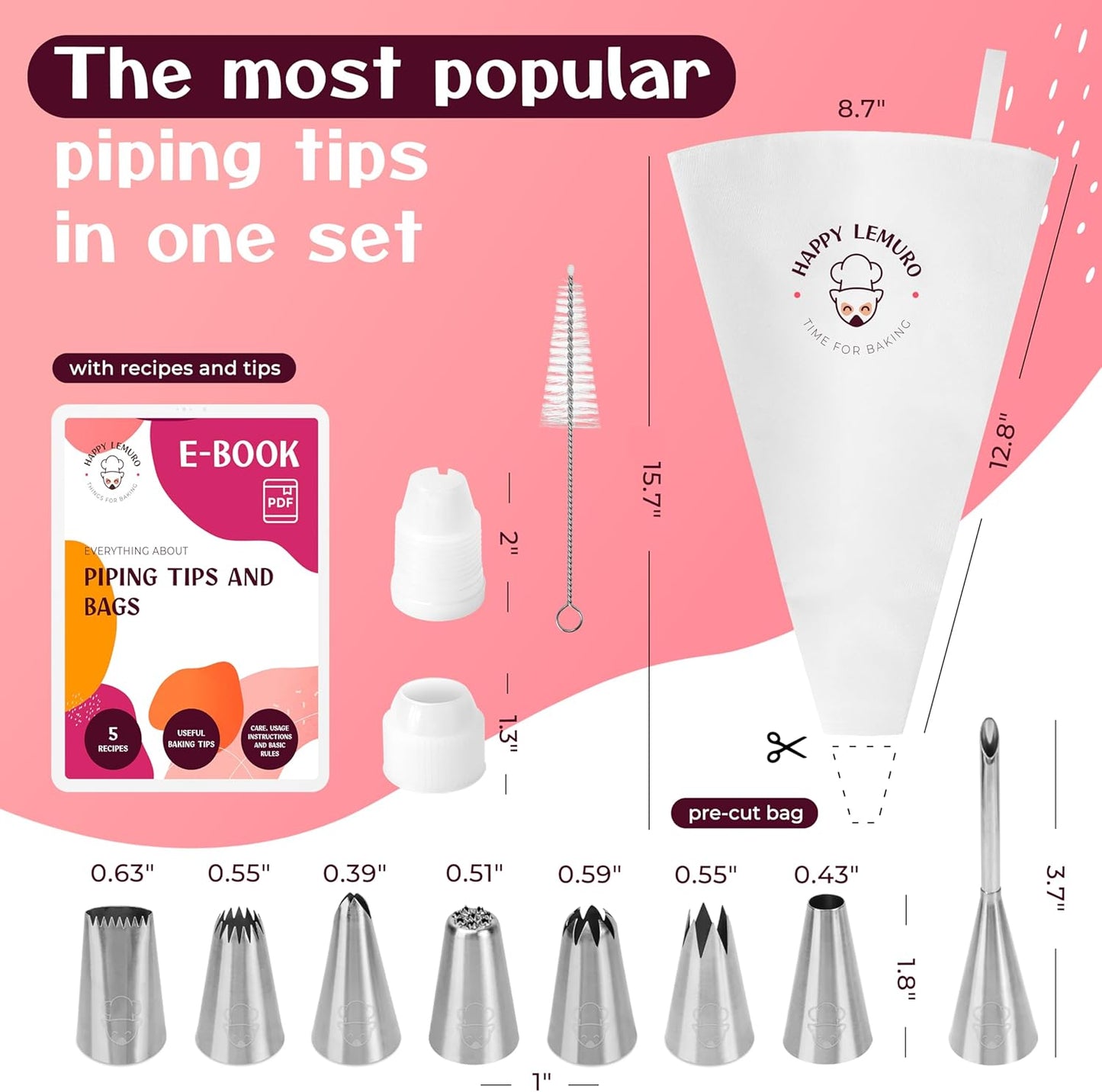 Skiennix Premium Reusable Piping Bags Set - 16" Cotton Pastry Bag with 8 Large Icing Tips | Dishwasher Safe