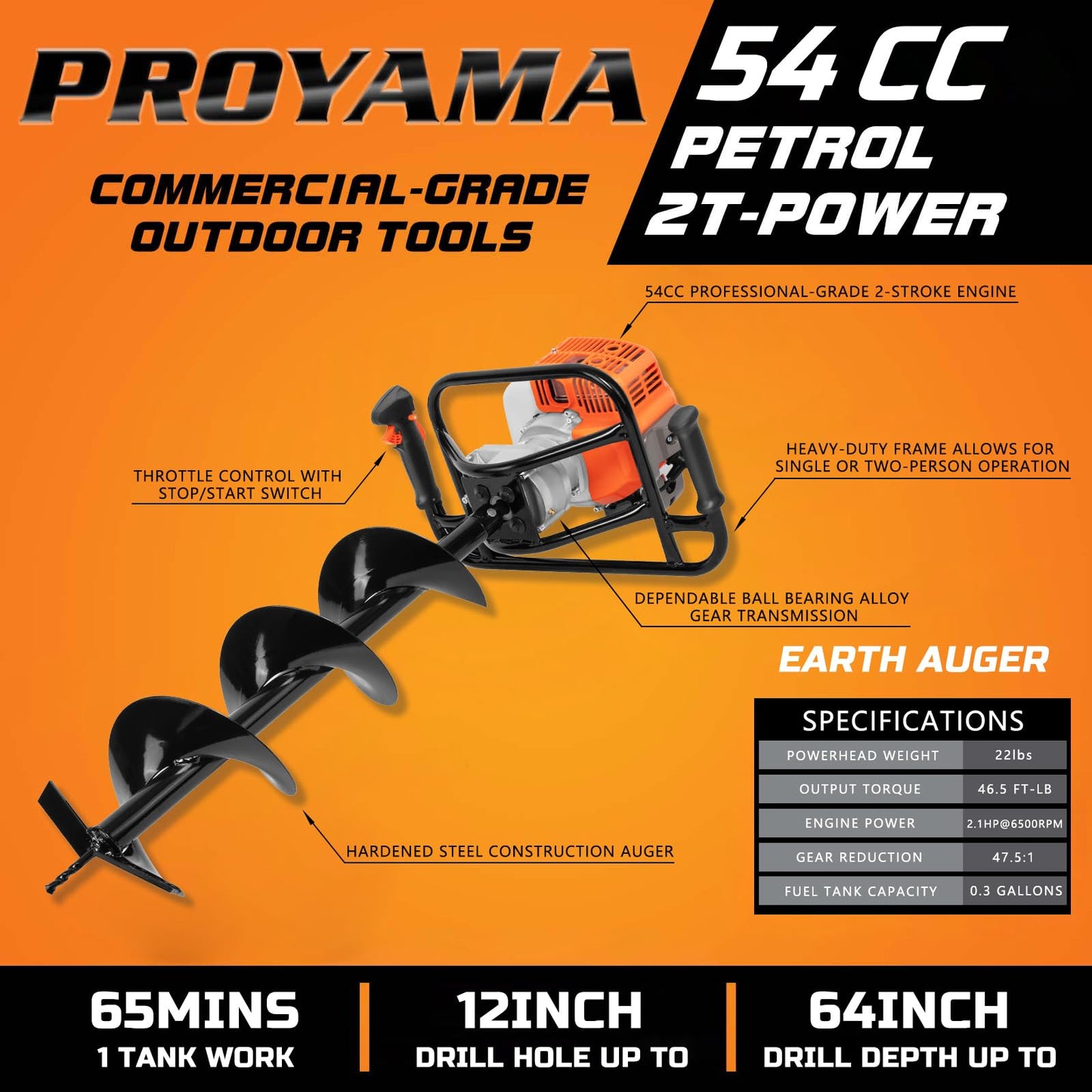 PROYAMA 54cc Post Hole Digger Gas Powered 2 Cycle Earth Auger, 5-Year Warranty Gear Box, 4 Drill Bits 4" 6" 8" 12" + Extension Rod 12" 20"