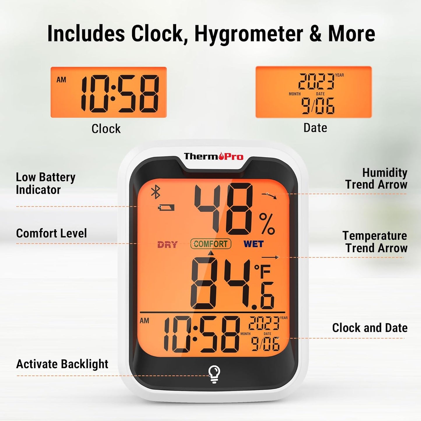 ThermoPro TP358 Bluetooth Thermometer - Smart Temperature & Humidity Sensor with Clock | 260Ft Range
