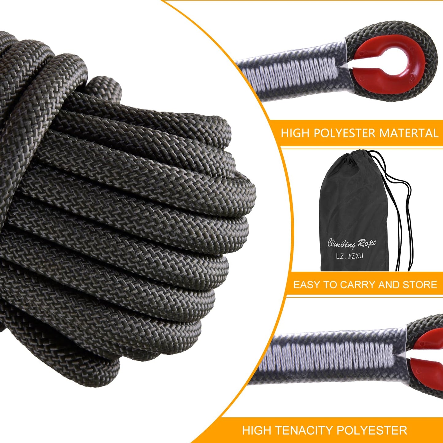 LZ.MZXU Climbing Rope, 12mm Static Climbing Ropes, 32FT(10M) 65FT(20M) 100FT(30M) 164FT(50M) Outdoor Rock Climbing Rope with Hook, Safety Rappelling Ropes, Fire Rescue Parachute(Black, 164FT)