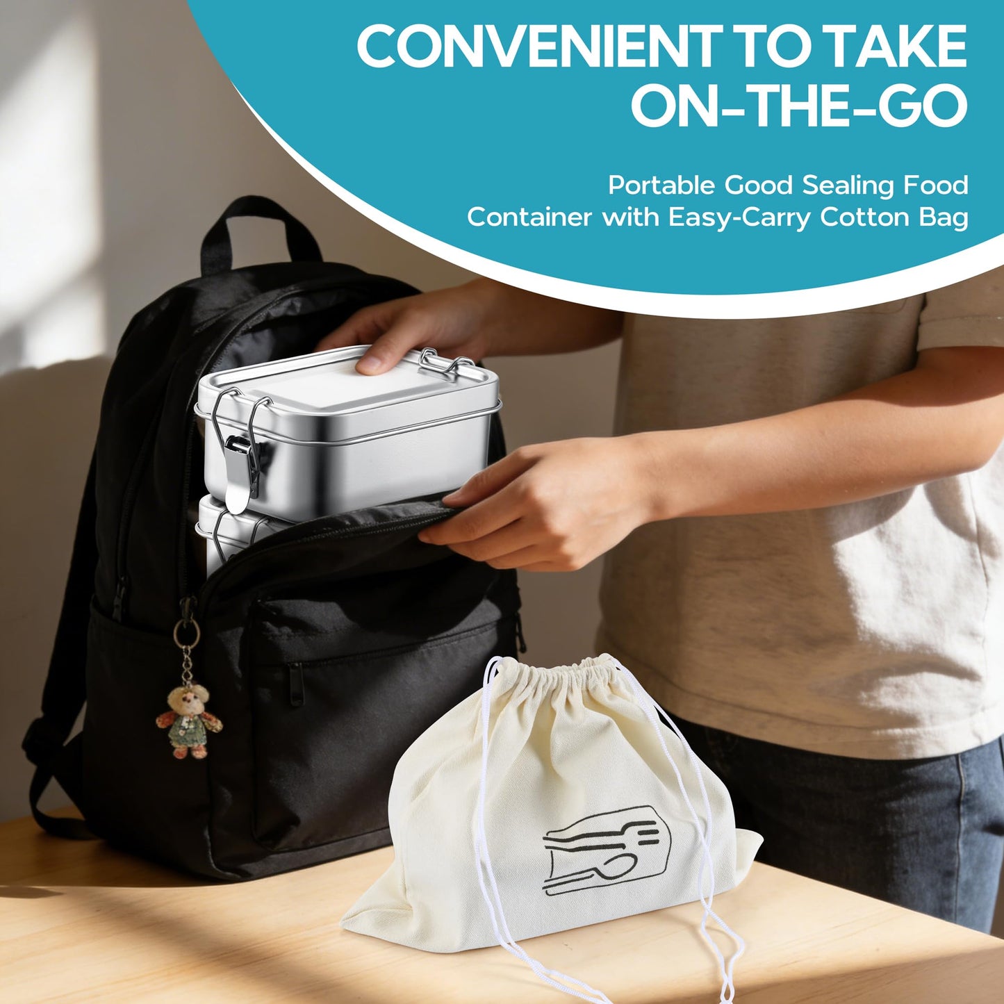 E-far Stainless Steel Bento Box, 28oz Metal Lunch Bento Box w/Leak Proof Lid, 850ml Small Food Container w/Removable Divider & Bag, Reusable 3-Compartment Bento Lunch Container for Camping Picnic