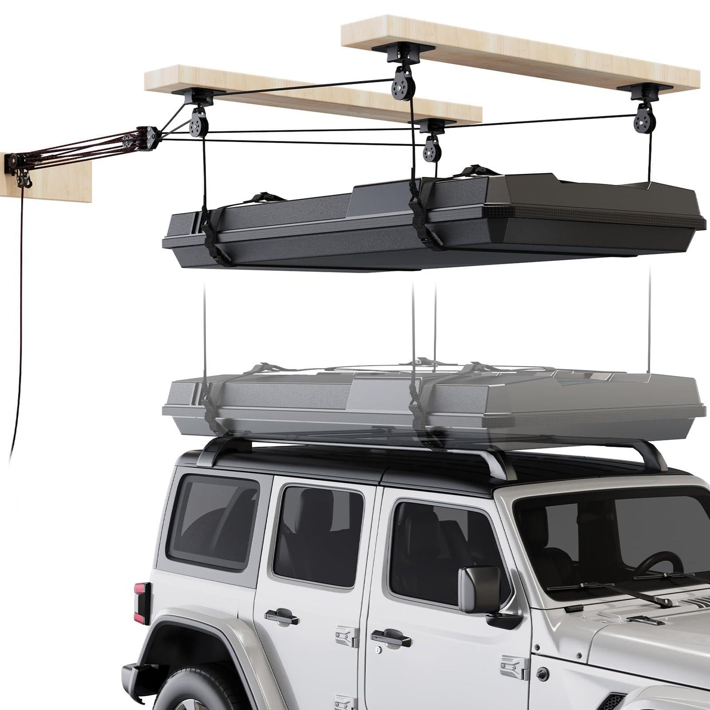 Pacikwest Garage Ceiling Storage Lift System Roof Top Tent Hoist, Heavy Duty Overhead Pulley System for Garage Storage Rack, 4-Point Lift 250lb Capacity, Adjustable Straps Fits 8-16ft Ceiling