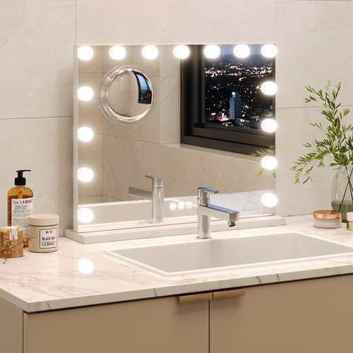 GAOMON Vanity Mirror with Lights, Lighted Mirror with 15 Dimmable LED Bulbs, Makeup Mirror with 3X Magnification, 3 Colors Modes,Touch Control, Metal Frame,White