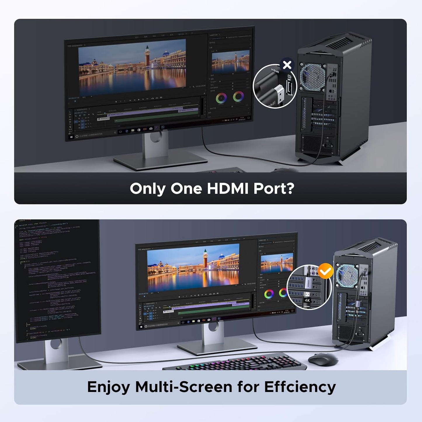 UGREEN 2 Pack 4K 1.2 1.4 0.66FT DisplayPort to HDMI Adapter, Unidirectional DP PC to HDMI Converter Braided Cable Male