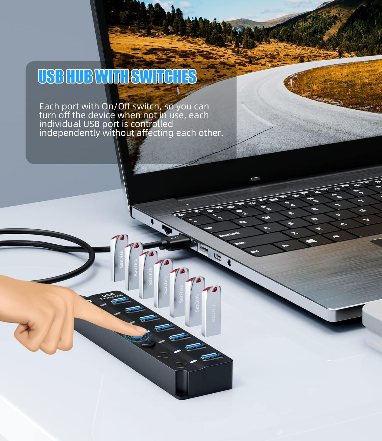 SNLLMZI 7-Port 3.0 4ft/1.2m Pro,PS4/5,Flash USB Hub for Laptop, USB Hub Splitter with Individual On/Off Switches