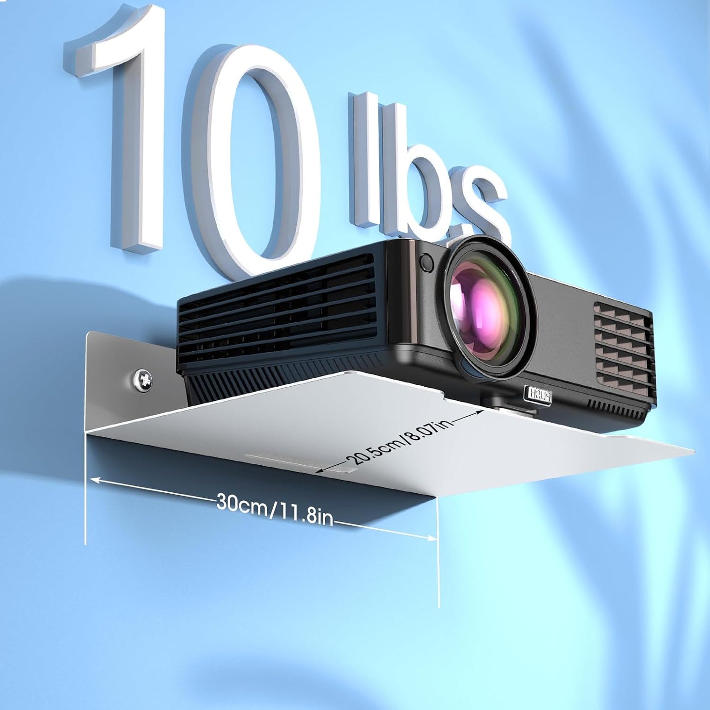 Compact White Projector Shelf - Wall Mount Floating Rack with Cable Ties