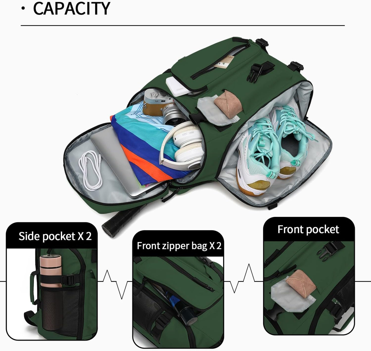 Backpack 4-Way Kalesi Gym Duffle Tennis Bag Waterproof with Shoes Compartment for travel Sport Hiking laptop (Forest