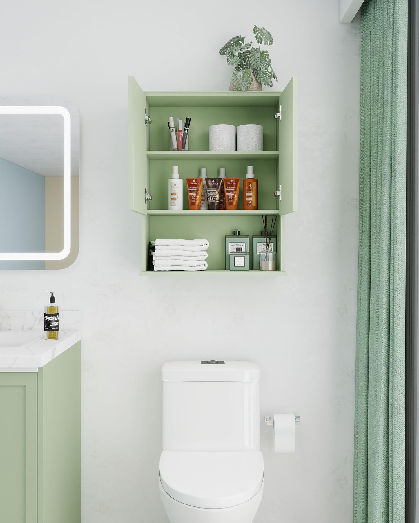 VIMYFAMY Bathroom Cabinet Wall Mount Buffering Hinge,23"x29" inch Over Toilet Storage Cabinet and Adjustable Shelves, Large Space Wooden Medicine Cabinet (Light Green)