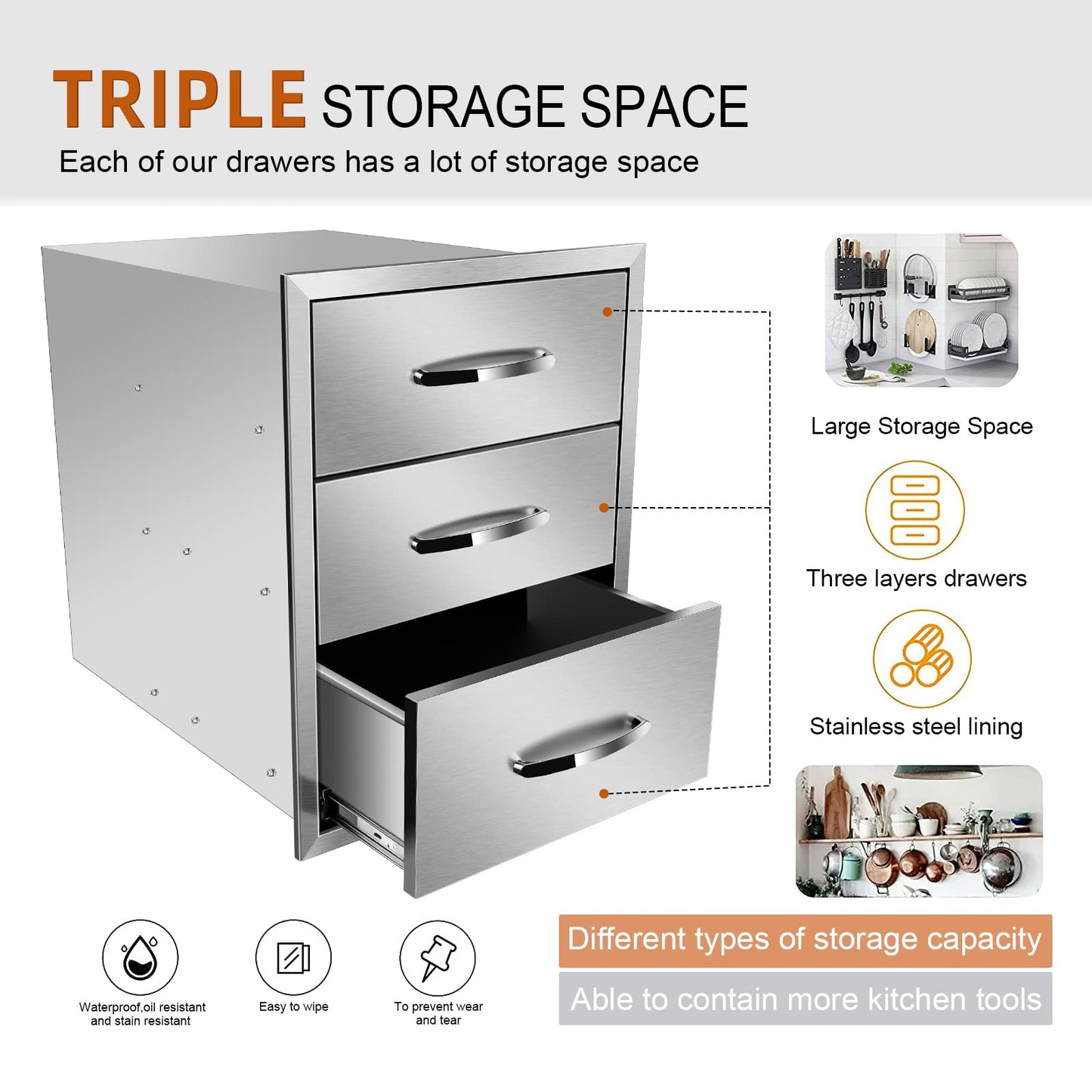 KODOM Outdoor Kitchen Drawers 18W x 24H x 23D Inch, Flush Mount Access BBQ Drawers, BBQ Island Drawers for Outdoor Kitchens or BBQ Island Patio Grill Station