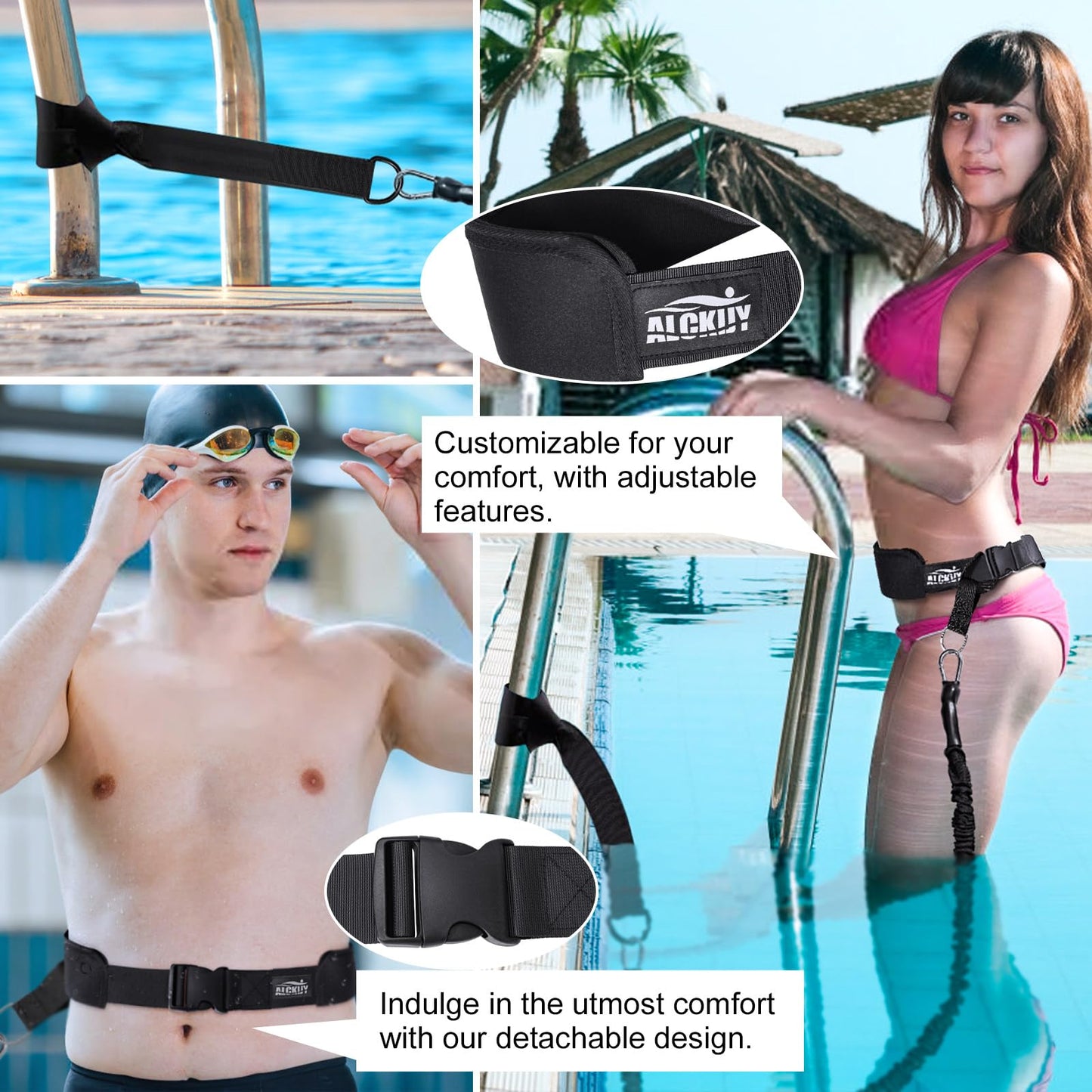 Swimming Training Belt 8-25FT Adjustable Swimming Resistance Belt, Stationary Harness for Any Pool Without Counter Current System (Black)