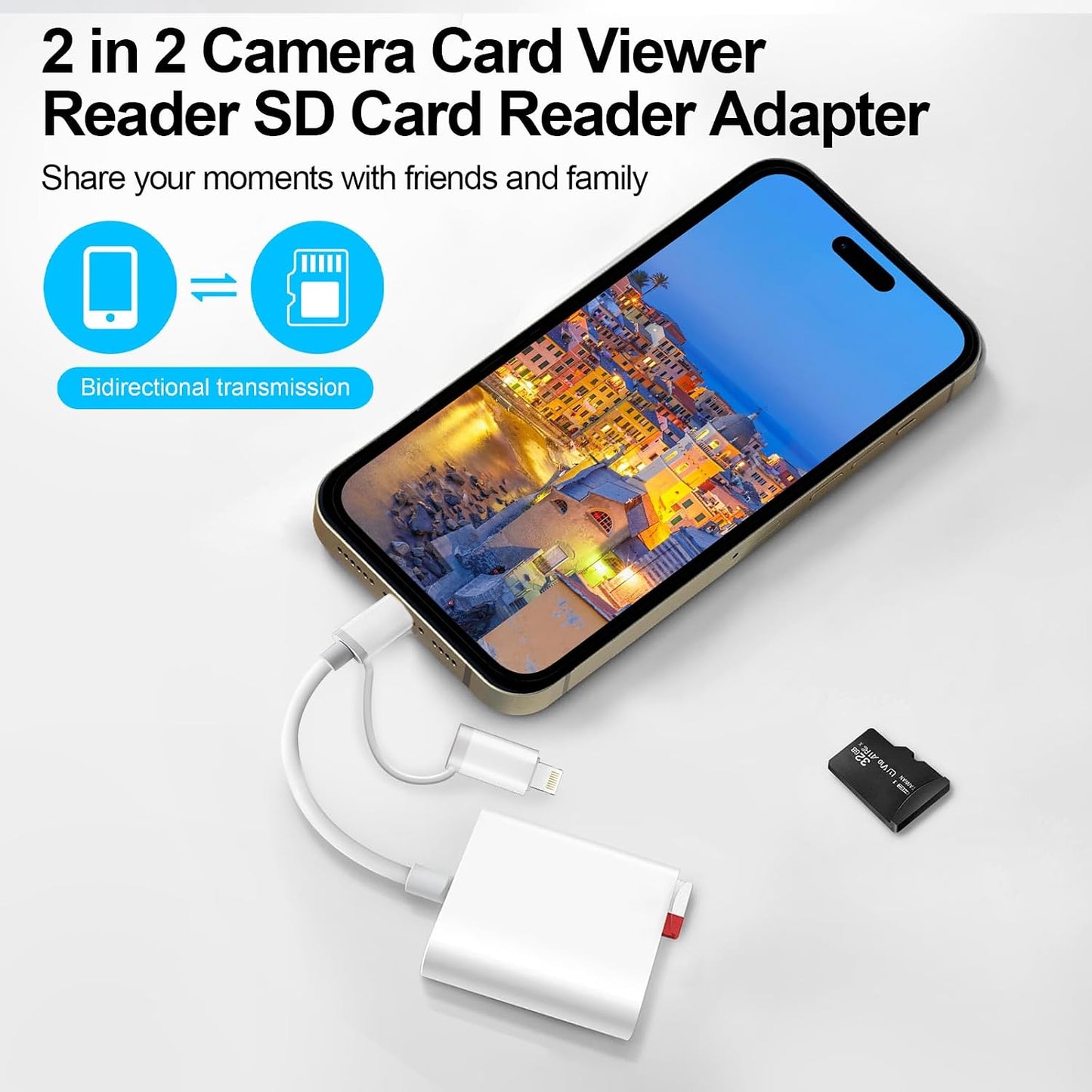 Denlane SD Card Reader for iPhone iPad Mac, USB C & Lightning Dual Connector Digital Camera Adapter to iPhone, SD Card