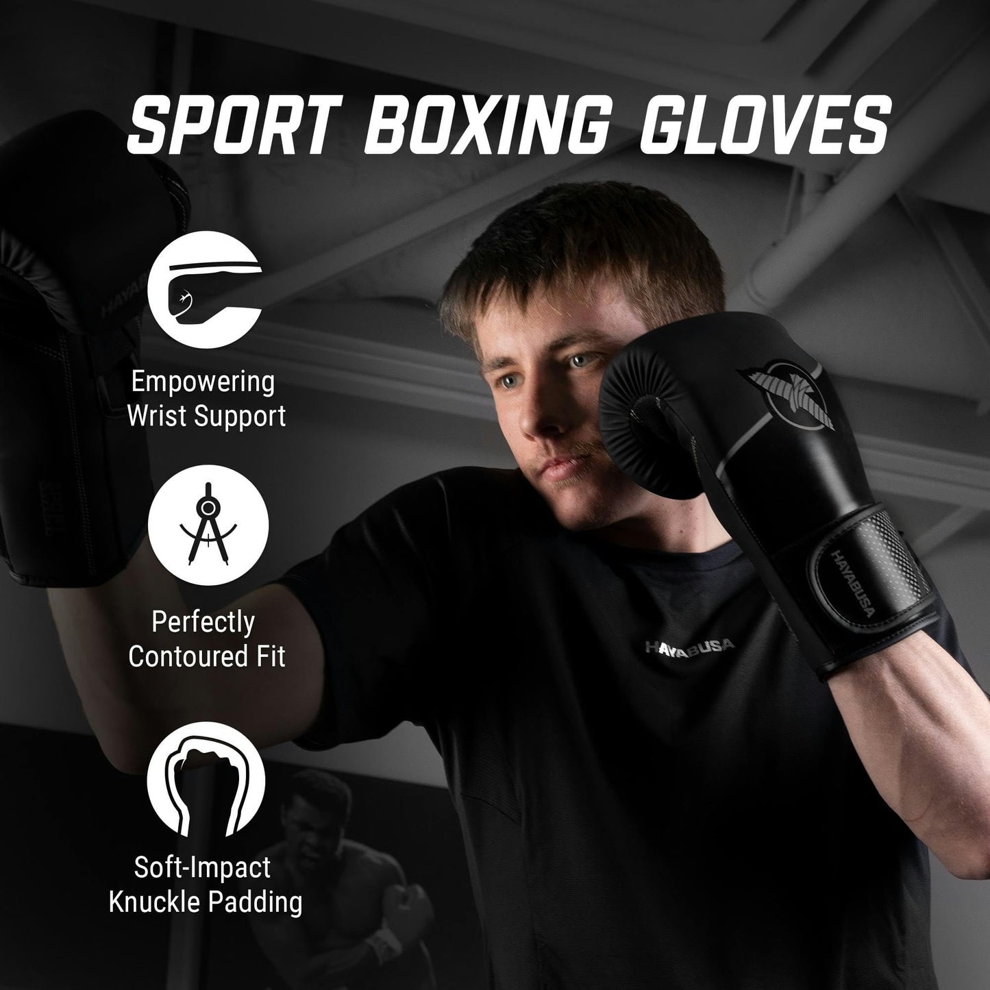 Hayabusa Sport Boxing Gloves for Men and Women – Dual-Splinted Wrist Support, Multi-Density Foam Padding, Contoured Fit – Ideal for Boxing, Kickboxing, and Muay Thai Training - Black/Charcoal, 16oz