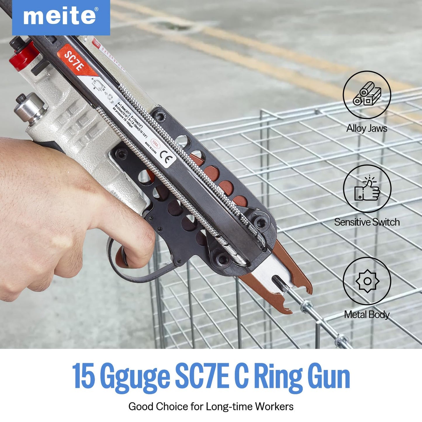 meite SC7E Pneumatic Hog Ring Gun, 15 Gauge 3/4" Crown Extended Nose Hog Ring Pliers, 8.8 mm Closure, Air C Ring Stapler for Mattress Assembly, Deep Wire Cages