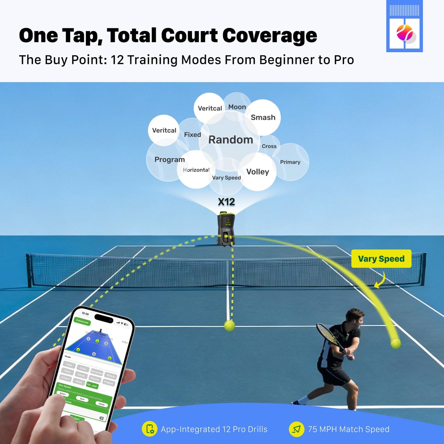 PUSUN PT-Smart Tennis Ball Machine: App Control,12 Drills,6-Level Spin,28-Pt,14 Padel Modes,75 MPH,32.6 lbs,100+ Ball, 5H Battery, Portable, for Fitness,Coaches,Solo Practice,Pros,School (Black)