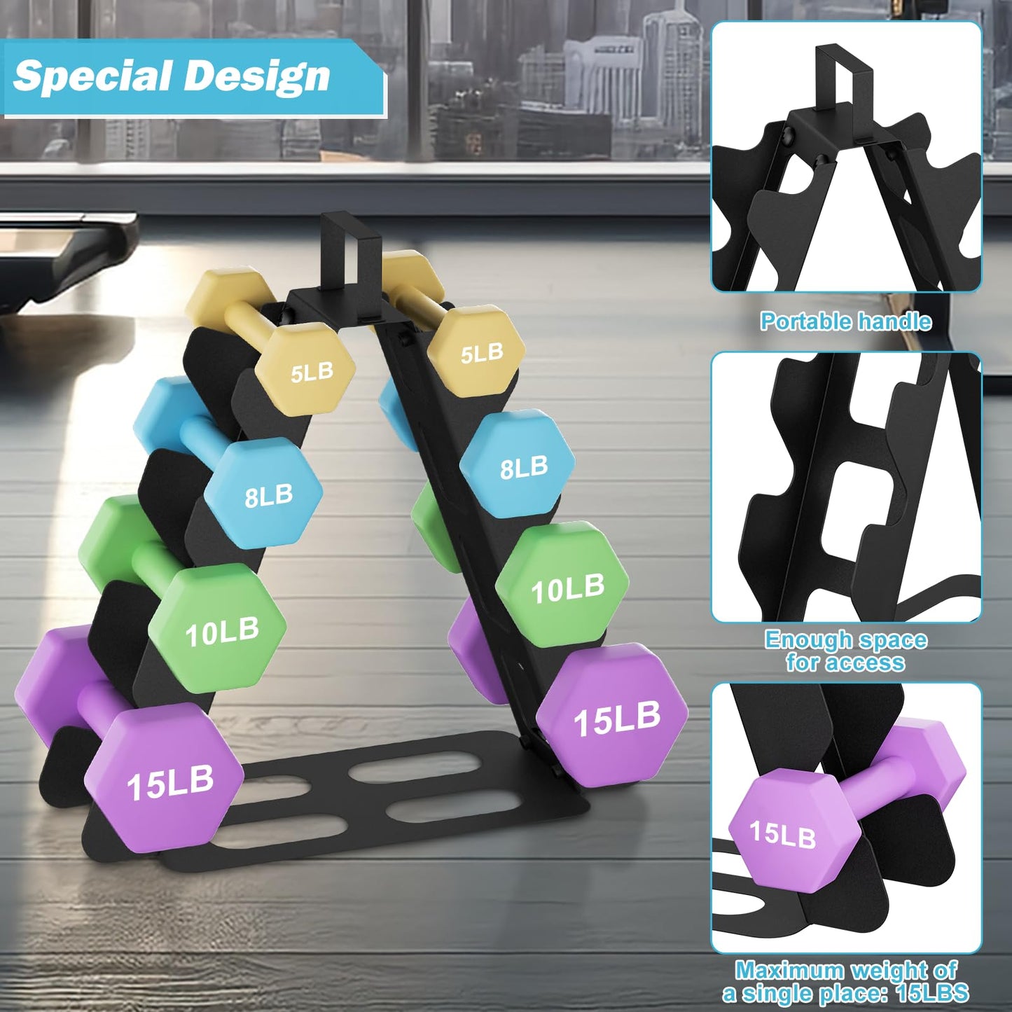 Dumbbell Rack 4 tier(Dumbbells not included), A-Frame Black Metal Dumbbell Holder with Handle, Multilevel Weight Storage Organizer for Dumbbells, Tree Shape Compact Weight Rack/Holder