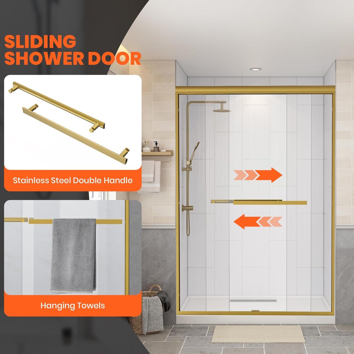 Bathroom Shower Sliding Door, 50"-54" W×72" H Framed Fixed Door for Shower Enclosure, 1/4"(6mm) Thick Clear Tempered Glass with Handles, Brushed Gold Finish