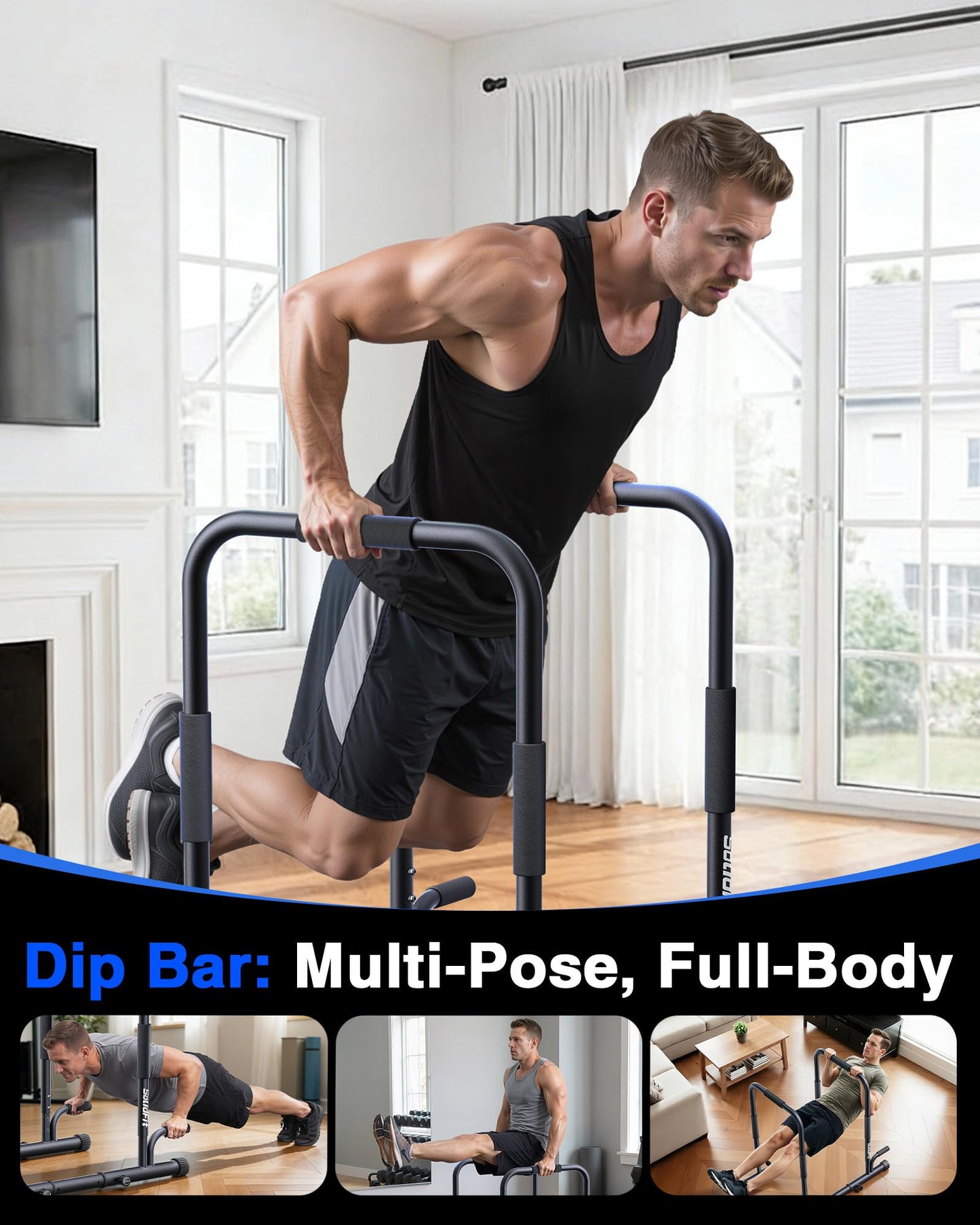 SolidFit 2-in-1 Dip Bar Station - Dip Bars & Push Up Bars Calisthenics Equipment with 420LB Bolt Washer Stable Design Dual Inner Connectors Portable Adjustable for Home Gym Strength Training Black
