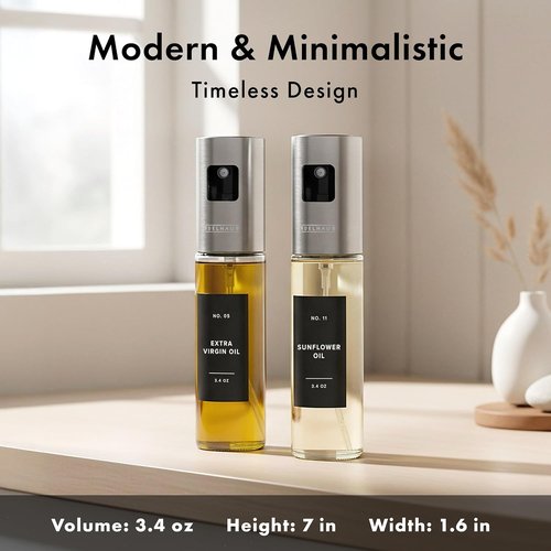 EDELHAUS Oil Sprayer Set - Stainless Steel & Glass Bottles for Healthy Cooking | 2-Pack with Silver Lids