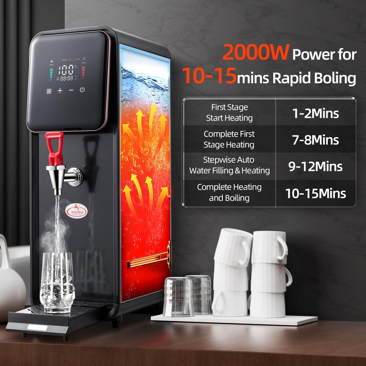 TERUISI 15L/4Gal Hot Water Dispenser, 1600W Commercial Hot Water Boiler, 60L(13Gal)/H Large Hot Beverage Dispenser with 304 Stainless Steel Inner, HD LED Screen for Hotels, Restaurants, Bars