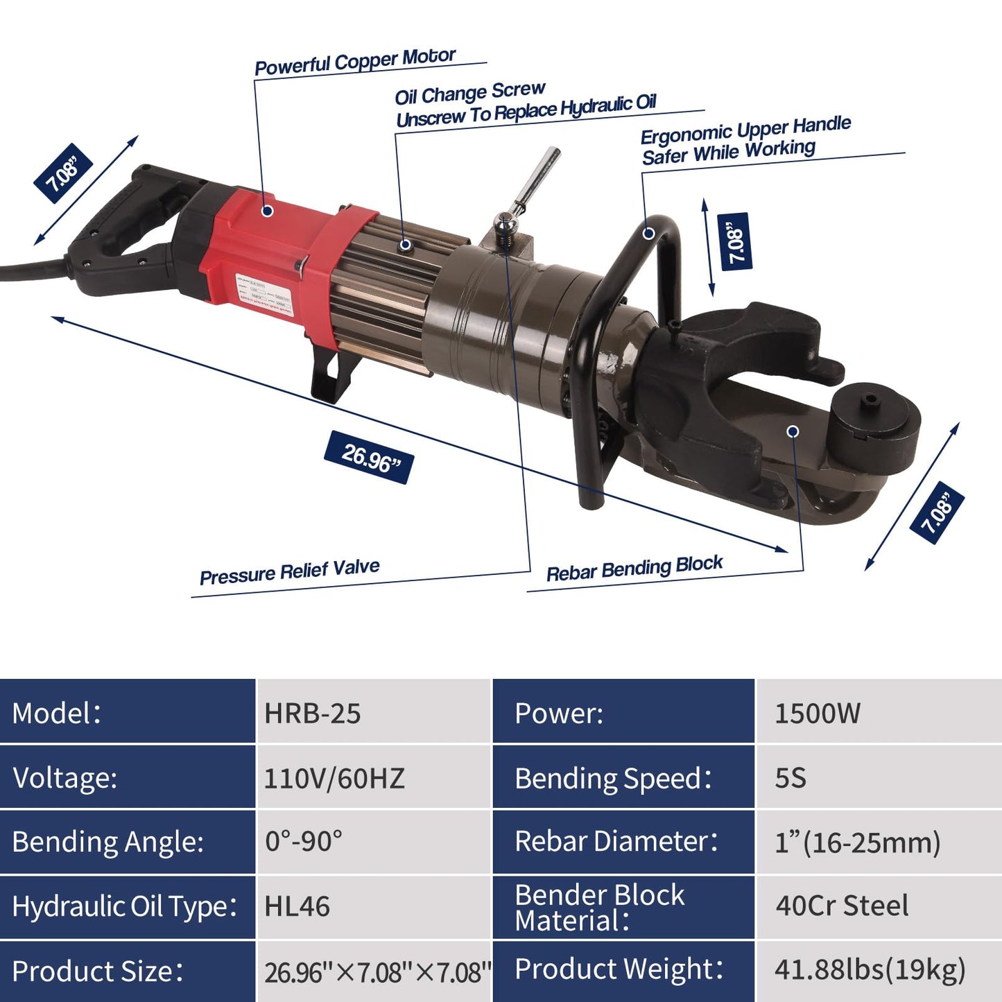 Electric Rebar Bender 1.5KW Hydraulic Rebar Bending Maching 1 inch 25mm #8 Bending Angle 0-90 Degrees