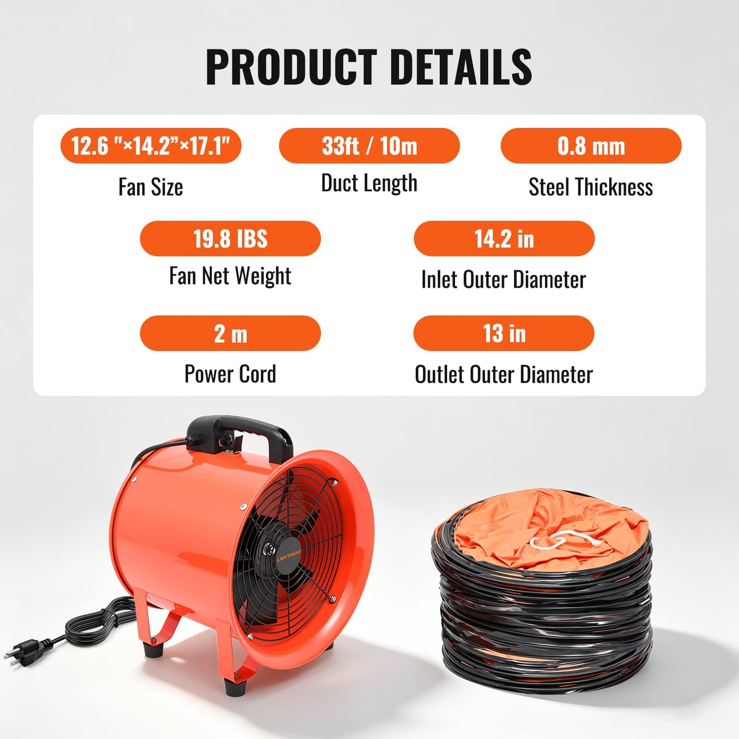 LMYYGOO 12-Inch Industrial Air Mover Blower Fan, with 33ft Duct Hose, 440W High Velocity Portable Fan for Extraction & Ventilation, Industrial, Paint Booth, Basements, Workshops, Warehouses