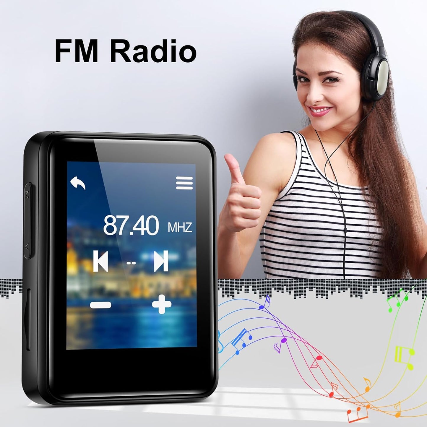 woolynew MP3 32GB 1.8 inch 512GB, Music Player with Bluetooth, Portable Mini Music Player with Screen, Speakers, FM