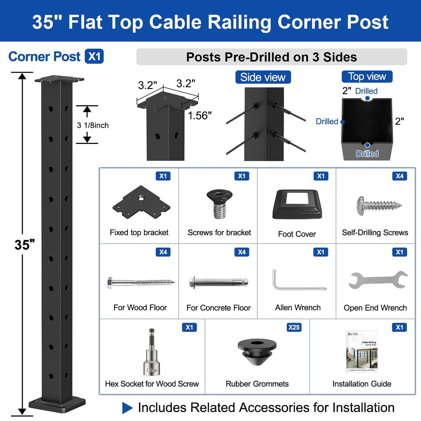 BLIKA 36" Cable Railing Corner Post(Post 35"x2"x2"), 3-Side Drilled Flat Top Surface Mount Corner Post, Stainless Steel Black Handrail Corner Post for Cable Railing Kits, BL05-CP
