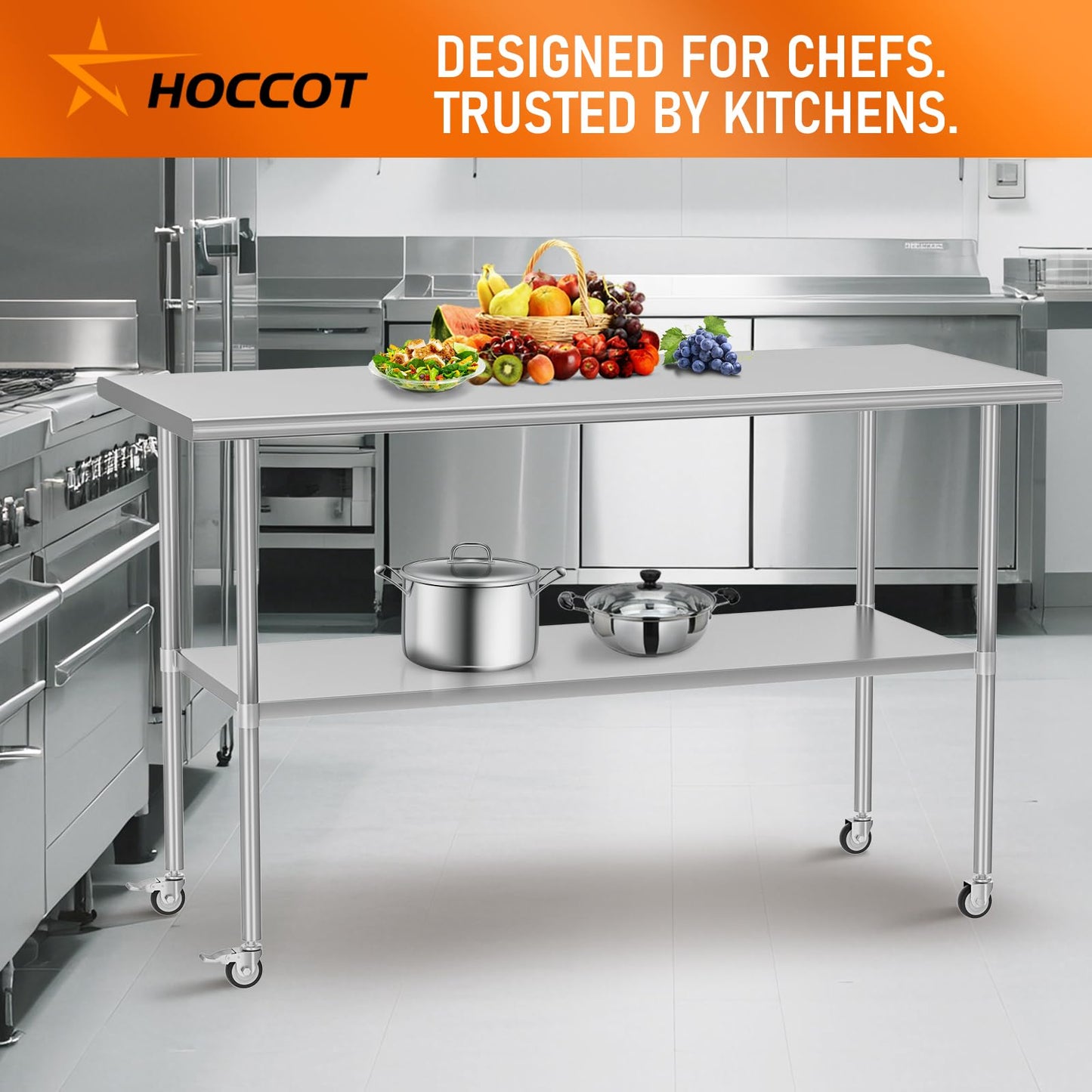 HOCCOT Stainless Steel Table with Wheels for Food Prep & Work 30" x 60" Utility Table with Adjustable Undershelf, Commercial Workstation in Kitchen, Garage, Home and Hotel