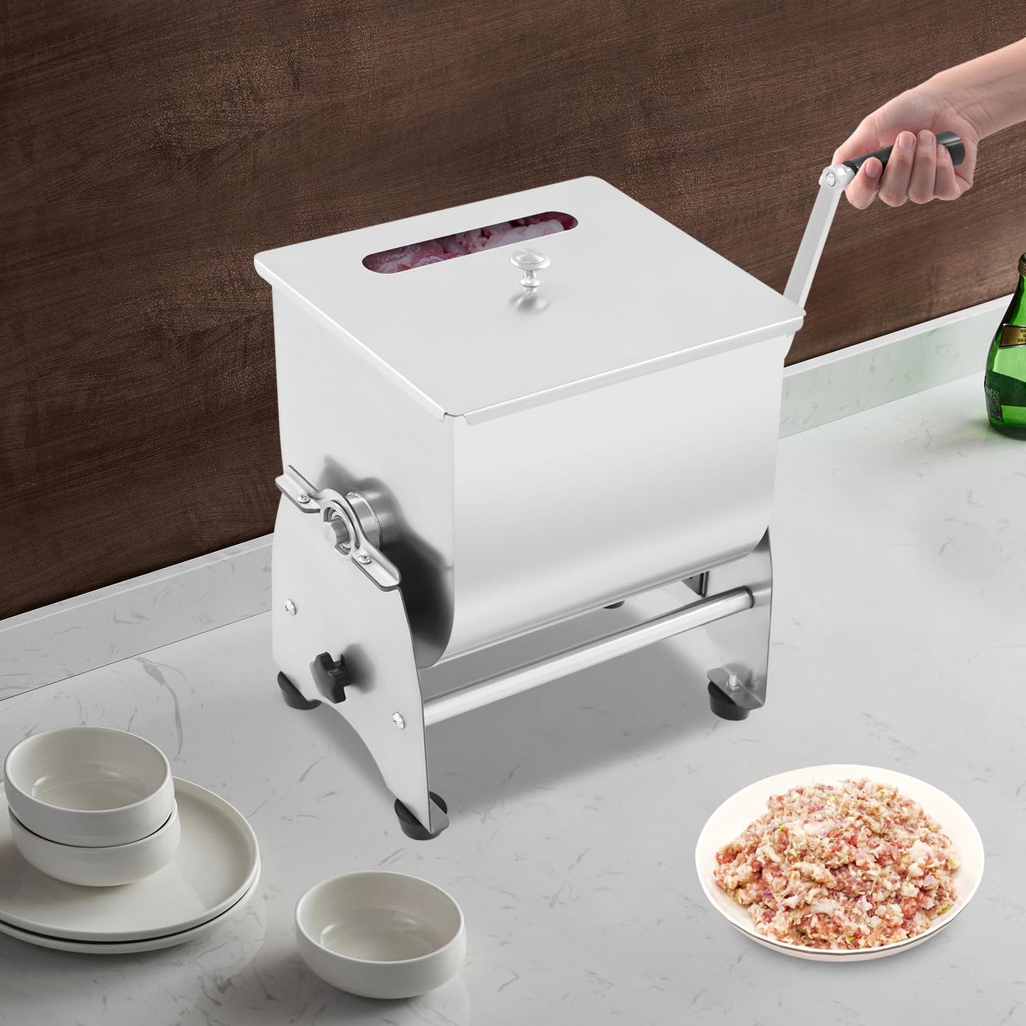 Meat Mixer, 22/44lbs Manual Stainless Steel Tilt Tank Hand Crank Sausage Mixer Machine Commerial Food Mixer with Removable Paddle for Home Deli Butcher Mixing Vegetables Spices (Tilt-type, 22lbs)