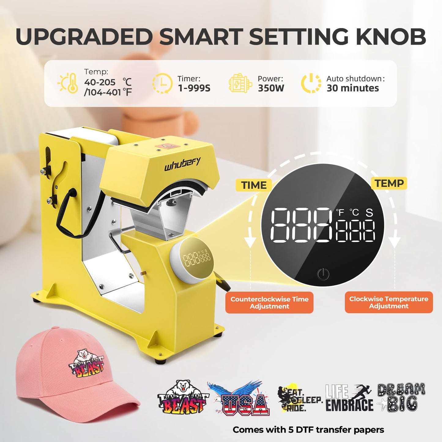 Whubefy 3-in-1 Auto Hat Heat Press Machine for Caps w/3pcs Interchangeable Platens, Automatic Release & Press, Knob-Style Digital Control for Hats T-Shirts Bags HTV and Sublimation Projects