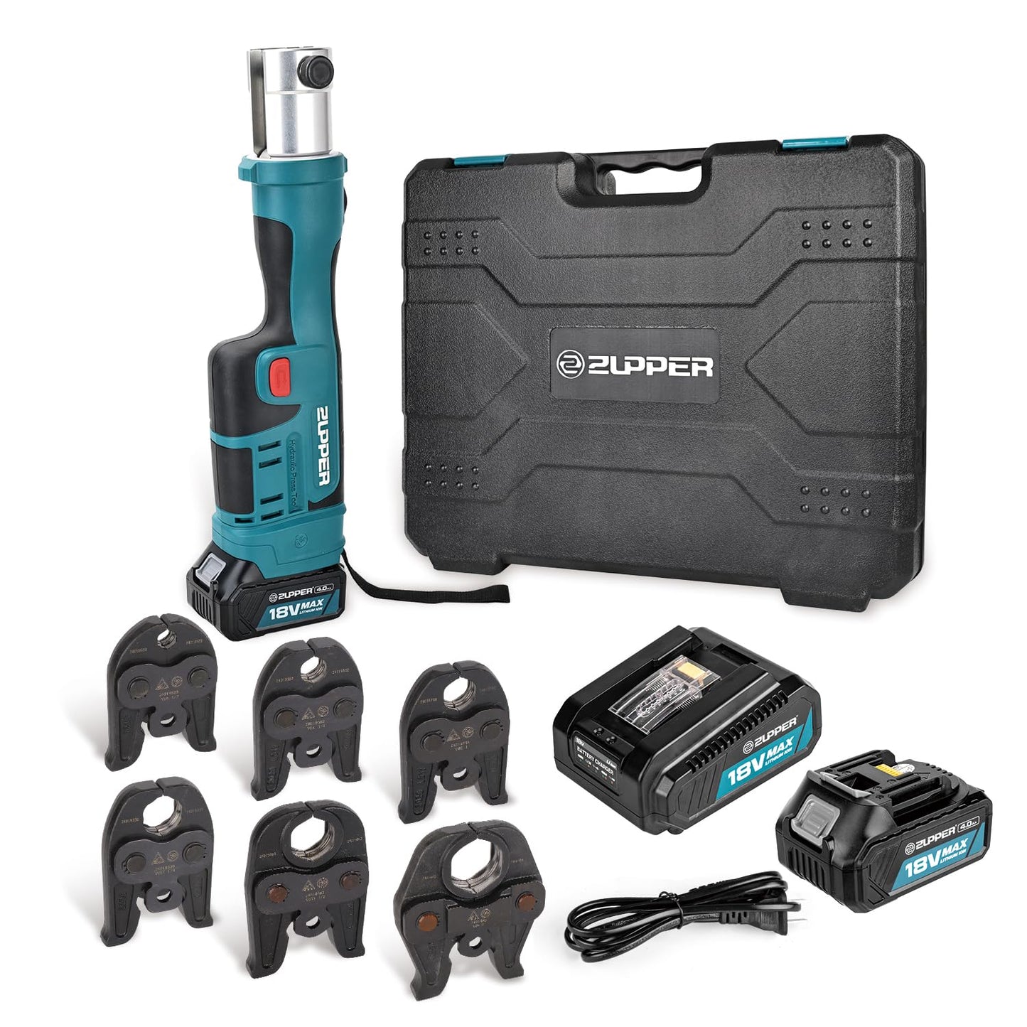 ZUPPER Press Tool, 18V Electric Pipe Crimping Tool for 1/2" to 2" Copper Pipes, Standard Press Tool Kit Suitable for Copper ProPress fittings - with 6 VUS Press Jaws, 2pcs 4AH Battery