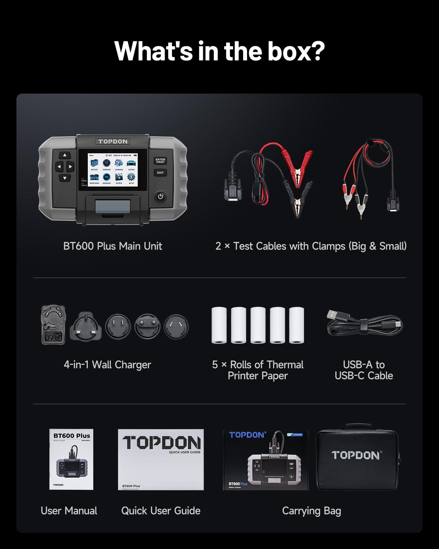 TOPDON BT600 Plus Car Battery Tester, Battery Alternator for 6V/12V/24V Battery Tests, 12V/24V Cranking/Charging/System Testing, 3.5" Screen with Built-in Printer