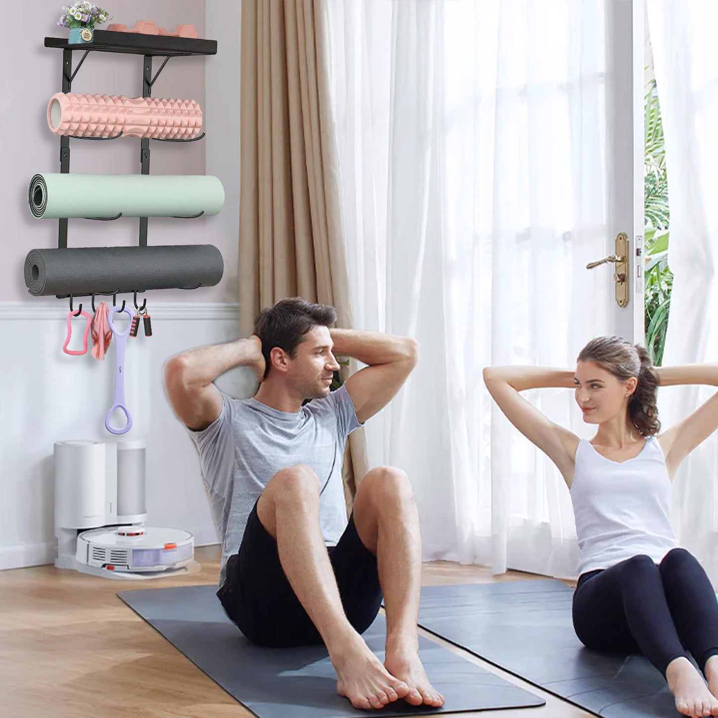 Lanasz Yoga Mat Holder Wall Mount - 4 Tier Home Gym Storage Rack with Shelf & 5 Hooks, Gym Equipment Organizer & Wall Storage for Workout Room Decor