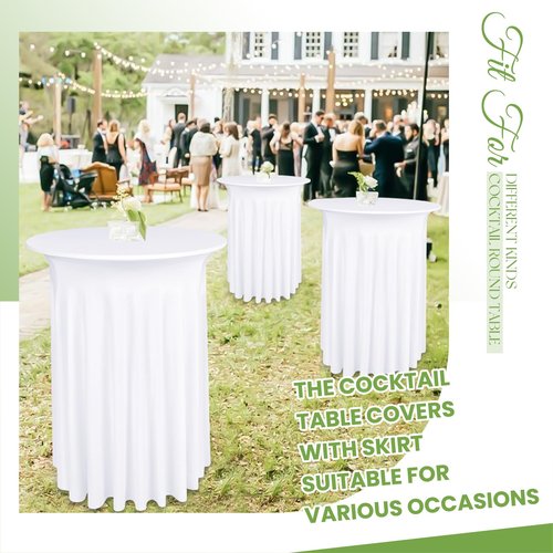 LOKUME 4 Pack Round Cocktail Table Skirts 32 x 43 Inch White Spandex Stretch Cocktail Tablecloth with Wavy Drapes Stretch Fitted Round High Top Table Covers for Wedding Bar Party Banquet