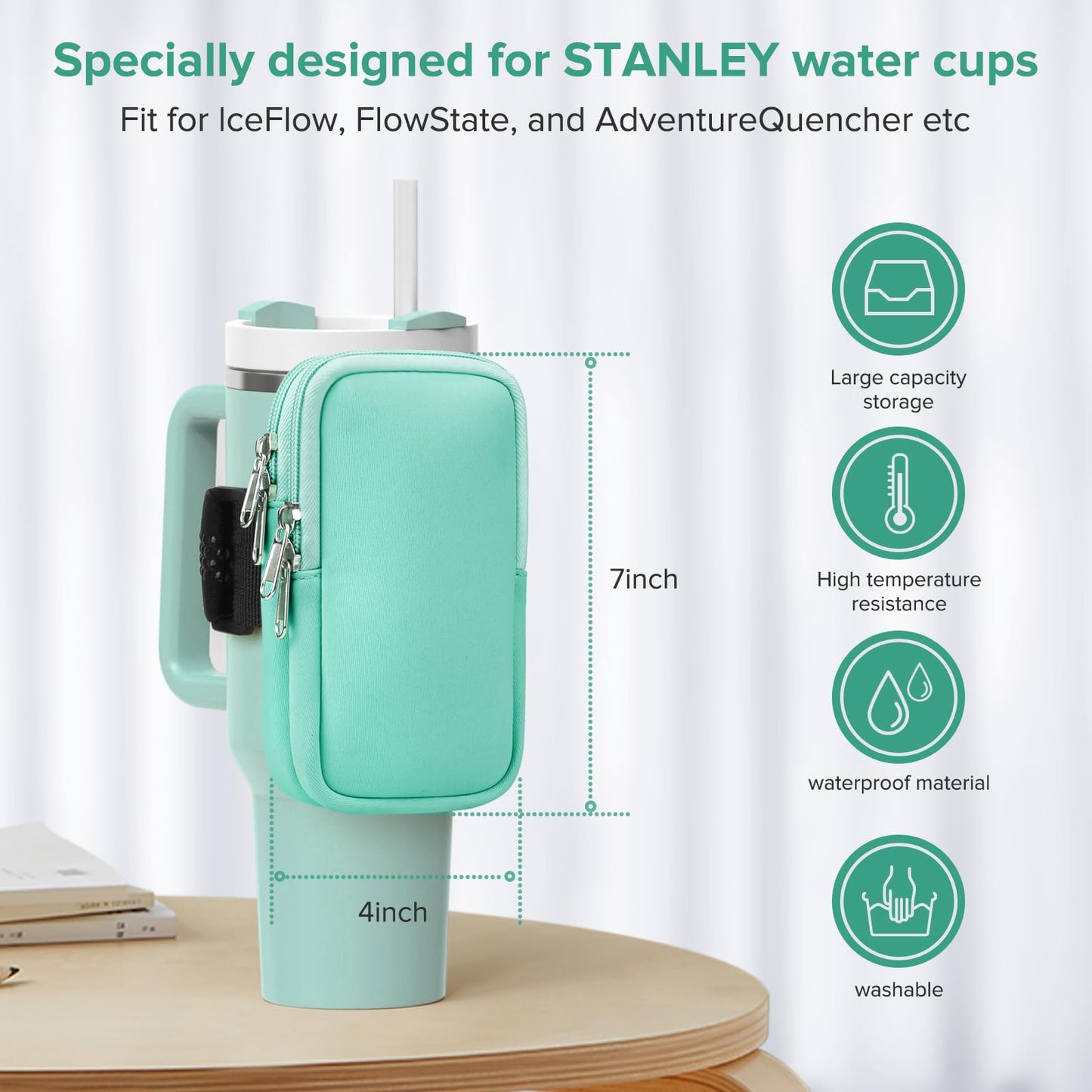 Water Bottle Pouch For Stanley Cup 40oz 30oz, Running Water Bottle Bag for Cards, Keys, Phone, Gym Accessories For Men Women, Travel Tumbler Mug Pouch Compatible With Stanley, Simple Modern(Green)
