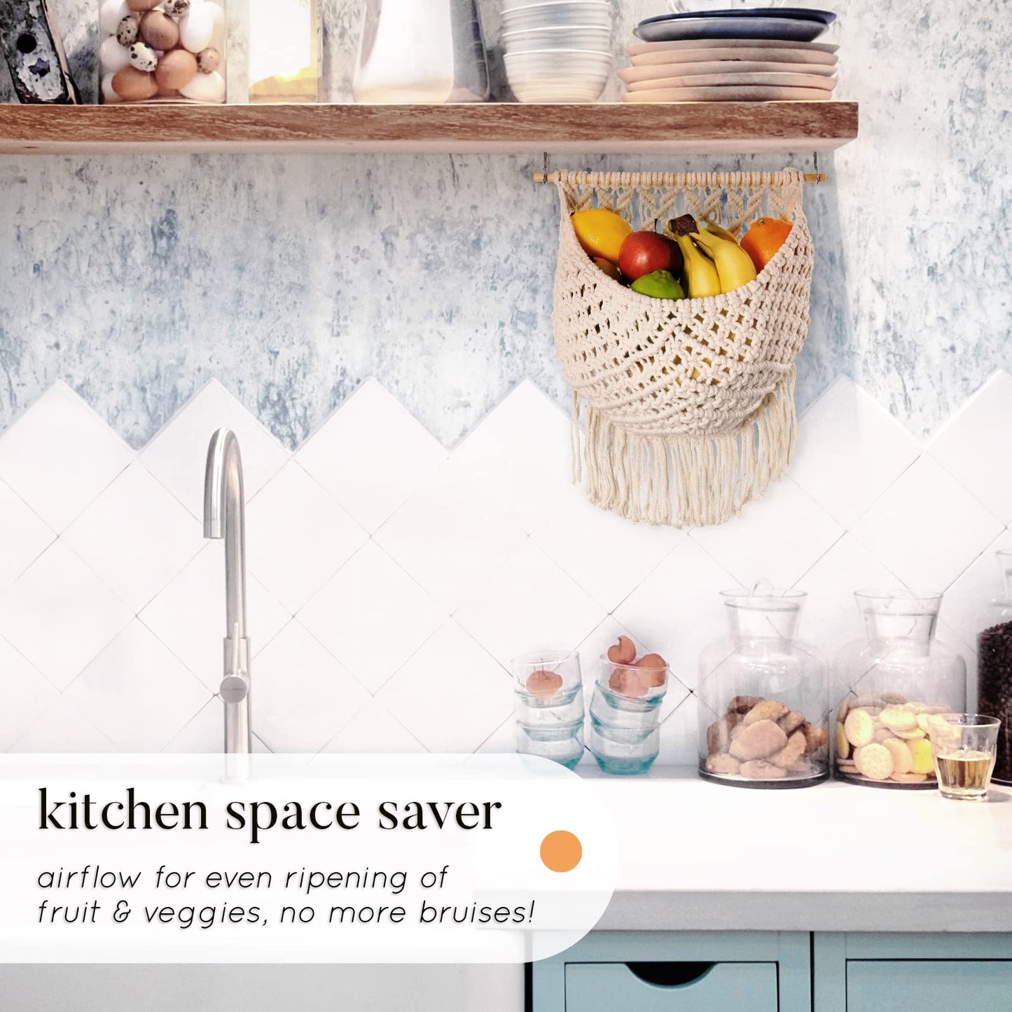 Macrame Fruit Basket, Vegetable and Fruit Hammock for Kitchen Under Cabinet - Hanging Wall Decor, Boho Baskets for Storage, Counter Space Saver - Cotton, Off White