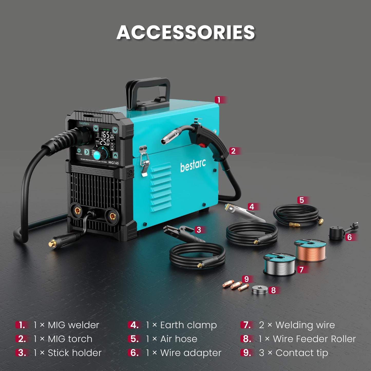 bestarc 165A MIG Welder, 110V 220V 4 in 1 Gas/Flux Core MIG/Lift TIG/Stick Welder Machine, Large LED Display Welding Machine, IGBT Inverter Welder MIG165 Soild Gasless Synergy MIG Welder