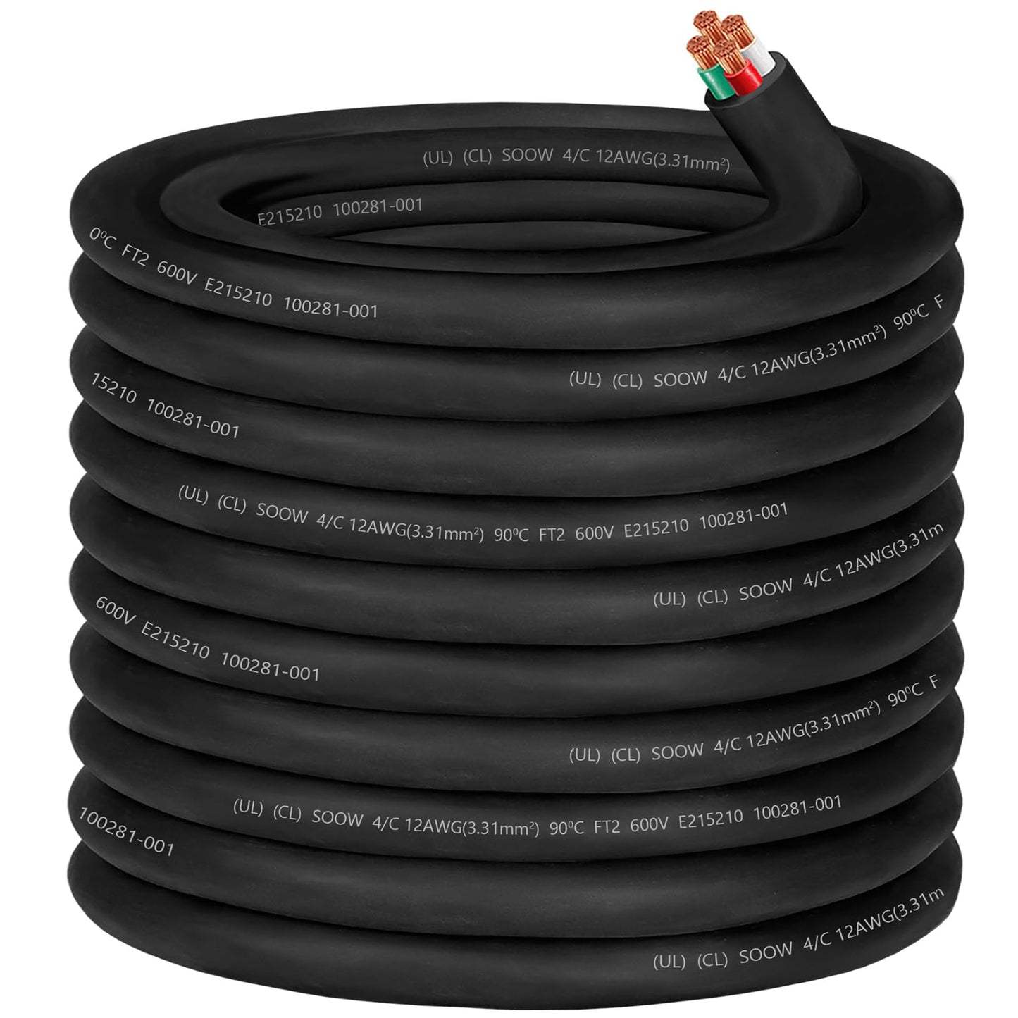 100ft 12/4 12 Gauge SOOW Wire 12 AWG SOOW Portable Power Cable 600V 4 Conductor 12/4 12 Gauge Extension Cord Electric Wire for Motor Lead,Generator,Welder,NEMA 14-20 RV Outlet Box,Car Battery Charger
