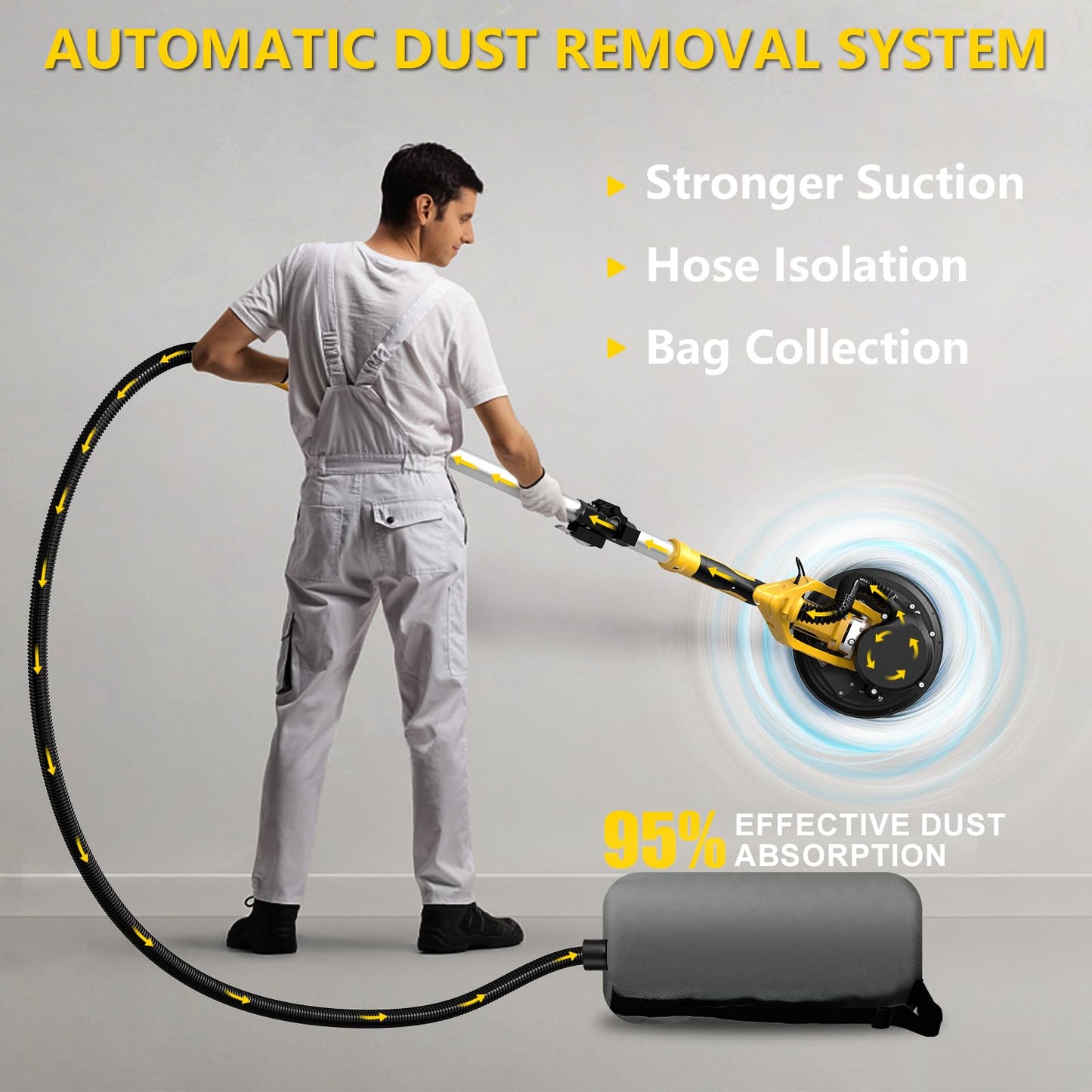 1250W Drywall Sander, 11.5A Electric Drywall Sander with Vacuum Dust Collector, 800-1800RPM 5 Variable Speed, Popcorn Ceiling Removal Tool with Extendable Handle, LED Light, 18x Sanding Discs