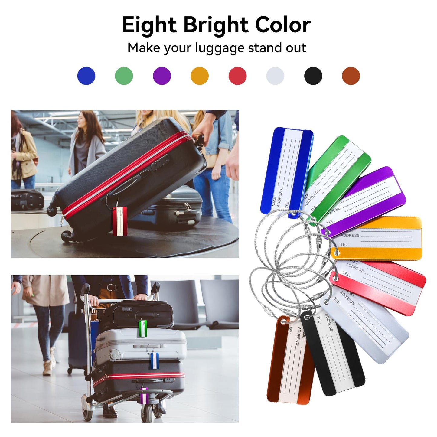 AOUTACC 8 Pack Aluminium Metal Travel Luggage Tags Suitcase Card Holder Baggage Name Address ID Bag Label with Key Ring
