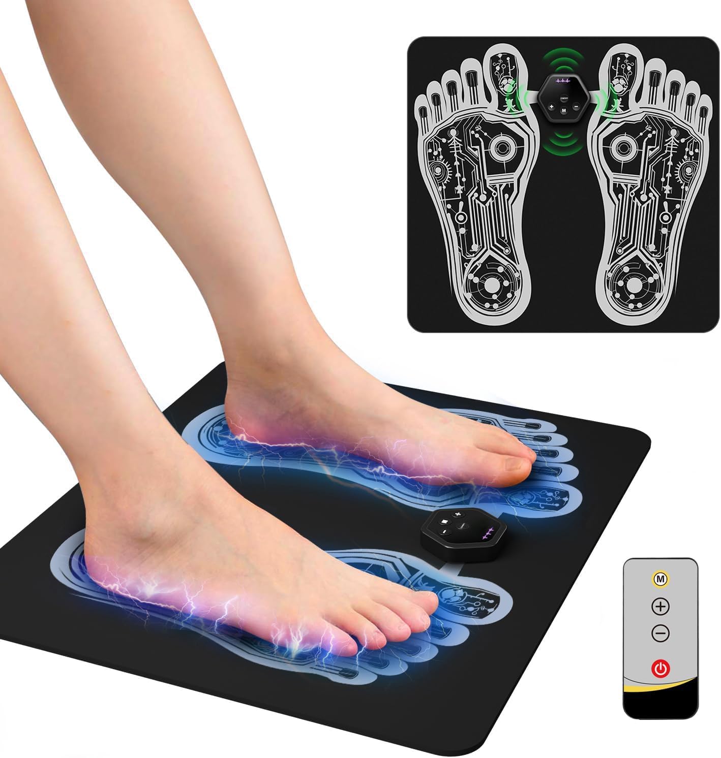 OKJY EMS Foot Muscle Stimulator & TENS Machine for Pain Relief - Helps Neuropathy, Plantar Fasciitis & Circulation - Portable Folding Mat with Remote for Elderly, Office Workers & Home Use