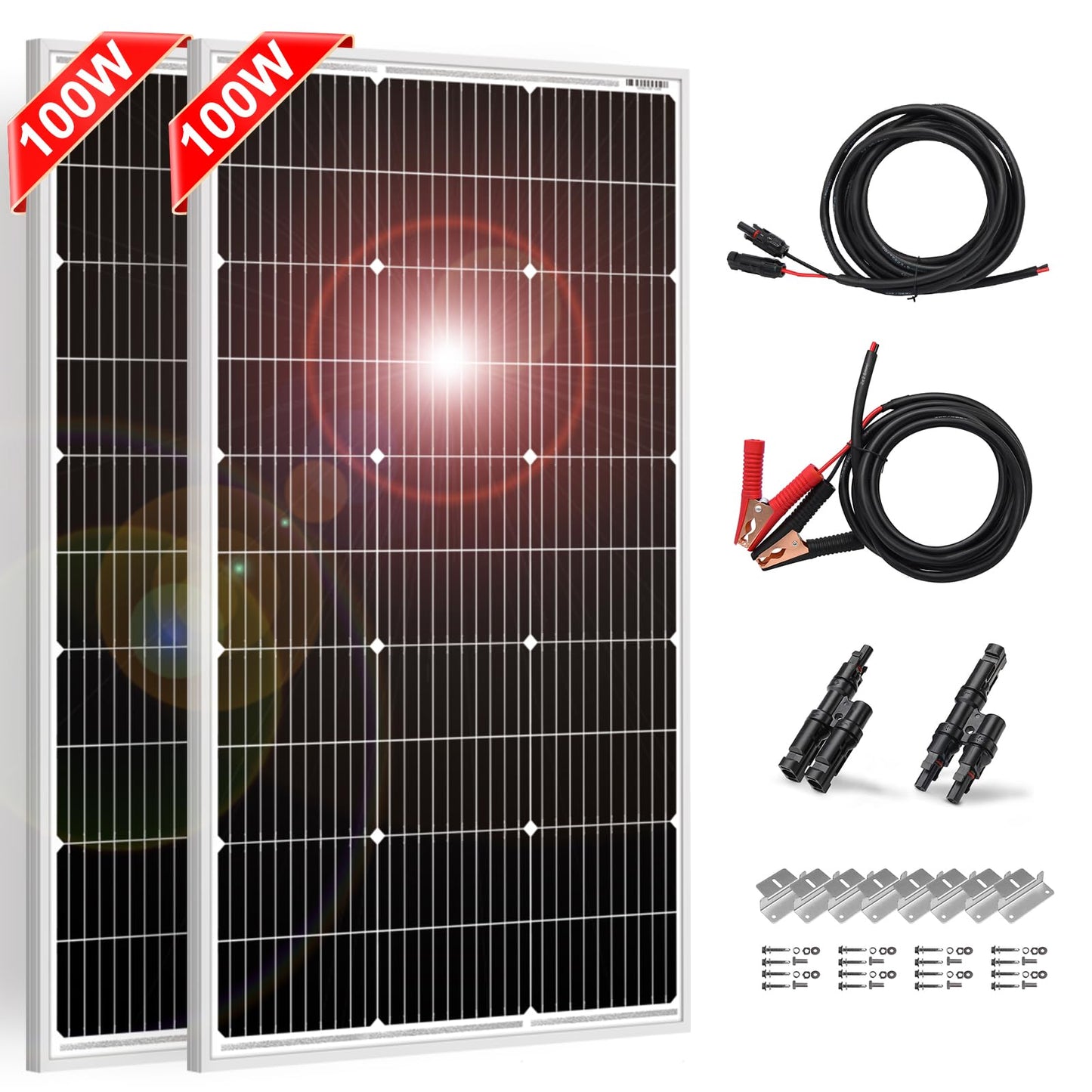 DOKIO 200W Solar Panel Kit (2×100W) Monocrystalline with Aluminum Frame and MC4, Mounting Brackets, Clips & 5m Cable for RV, Boat, Roof, Off-Grid (Controller Required)