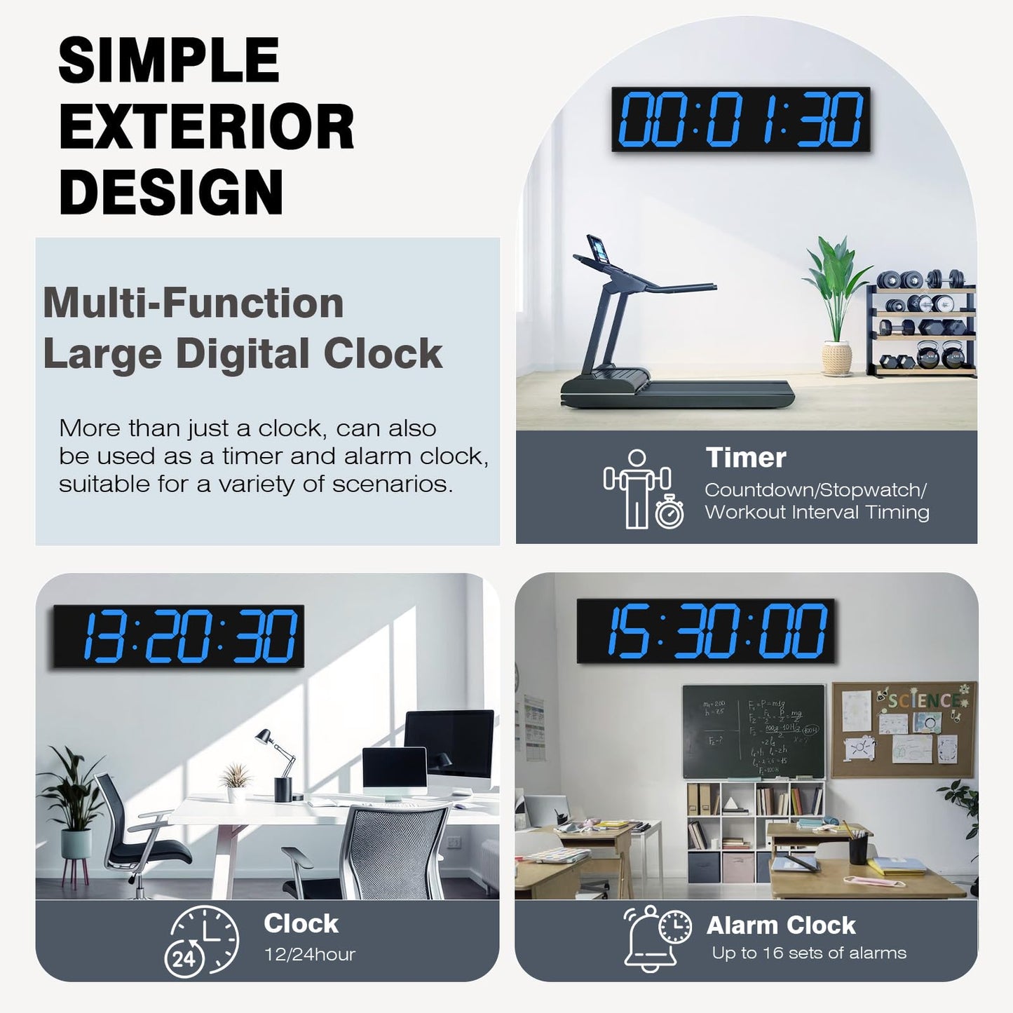 CHKOSDA Digital Wall Clock with Large Display, 28.4‘’LED 6-Digit Large Digital Clock with Adjustable Brightness, Multifunction Gym Clock with Countdown,Stopwatch and Workout Interval Timing (Blue)