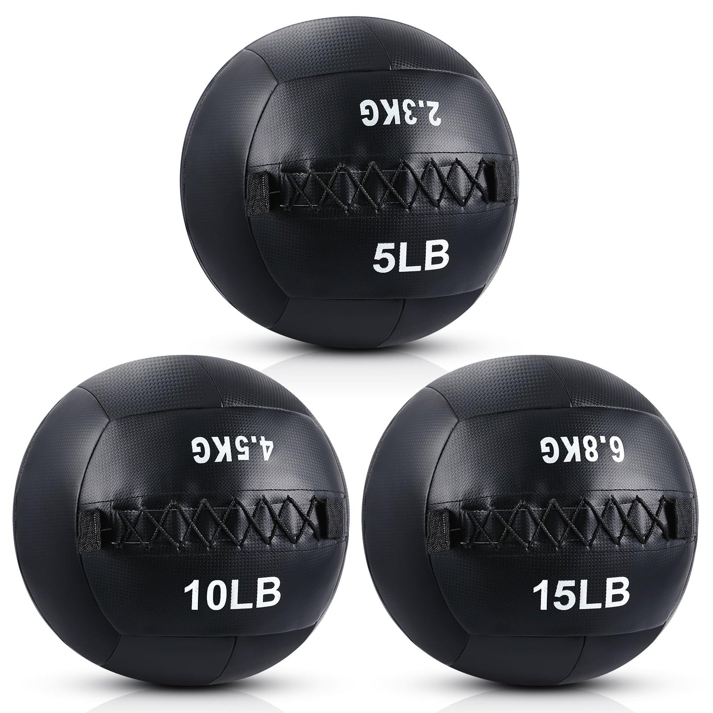 Lunmon 3 Pcs Soft Wall Medicine Ball for Exercise Fitness Slam Weighted Med Ball with Non Slip Grip for Slamming Workout Strength Conditioning Core Training Lunge and Partner Toss (5,10 and 15 Lbs)