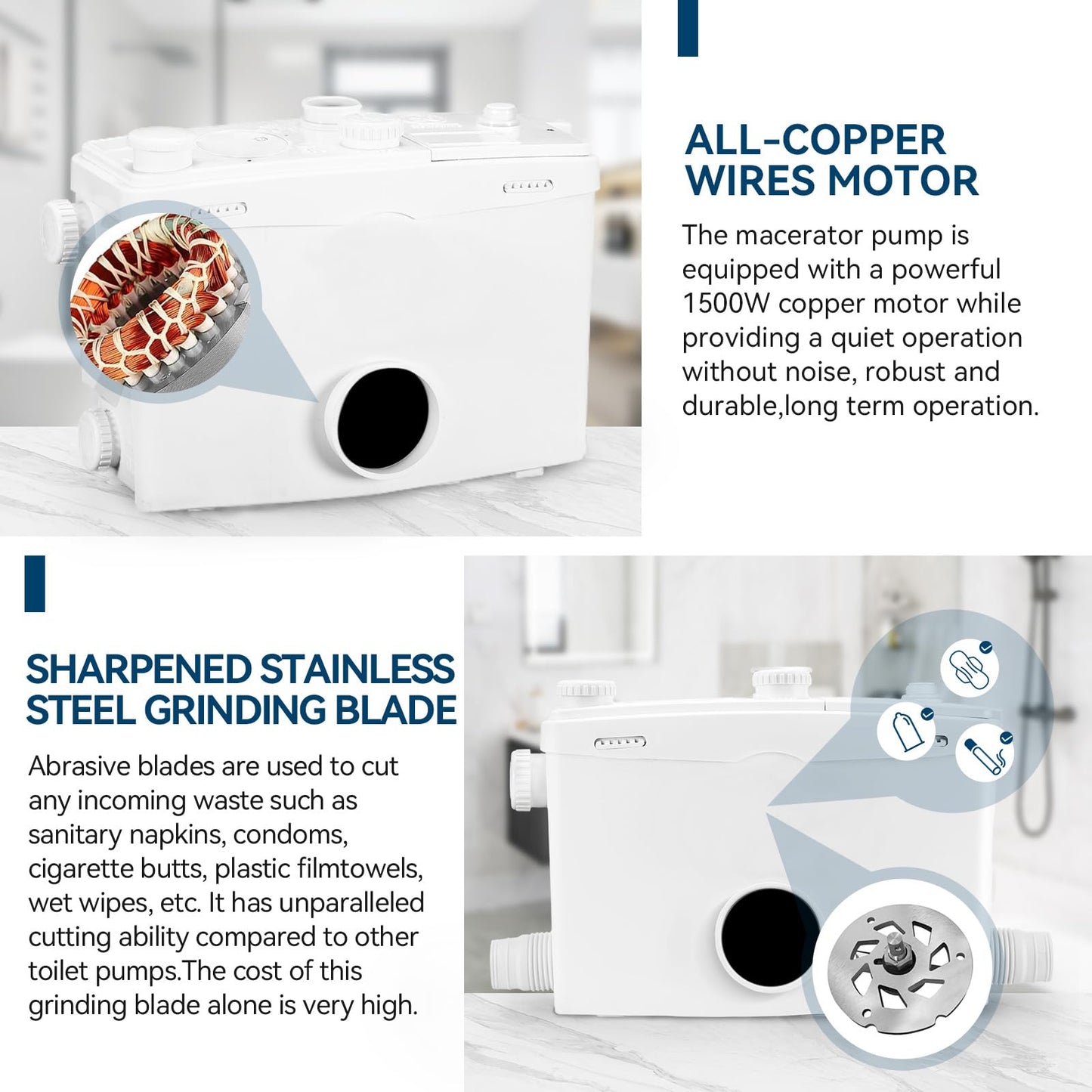 1500W Macerator Pump for Conventional Toilet with A Bottom Outlet Toilet Pump Upflush to 32.8FT 2800GPH Utility Sink Pump 4 Water Inlets 2 Outlets Macerating Toilet System for Toilet Shower Kitchen