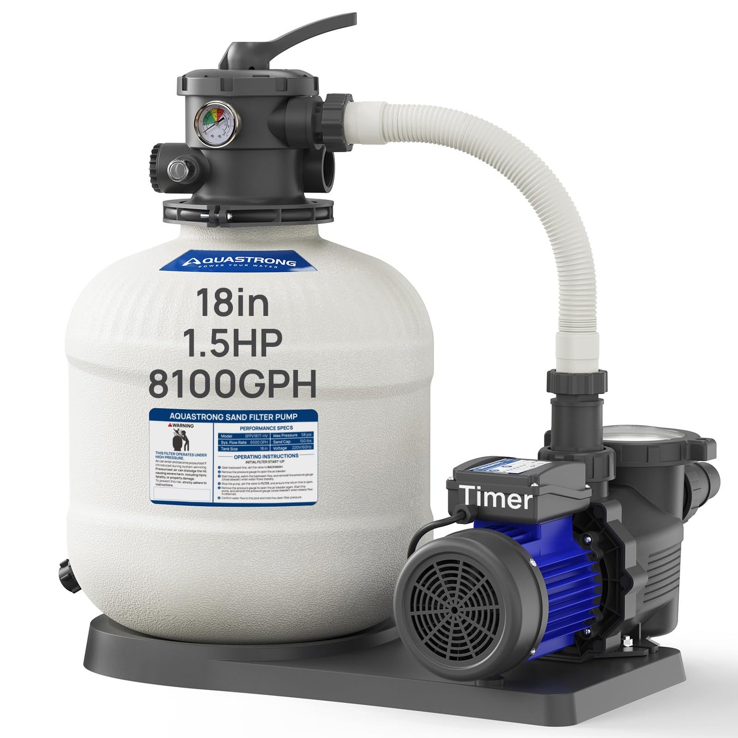 AQUASTRONG 18in Sand Filter Pump for Above Ground Pool with Timer, 220V, 1.5 HP, 8100 GPH Pool Pumps Above Ground for Pools Up to 28000 GAL, Pool Sand Filter with 6-Way Valve