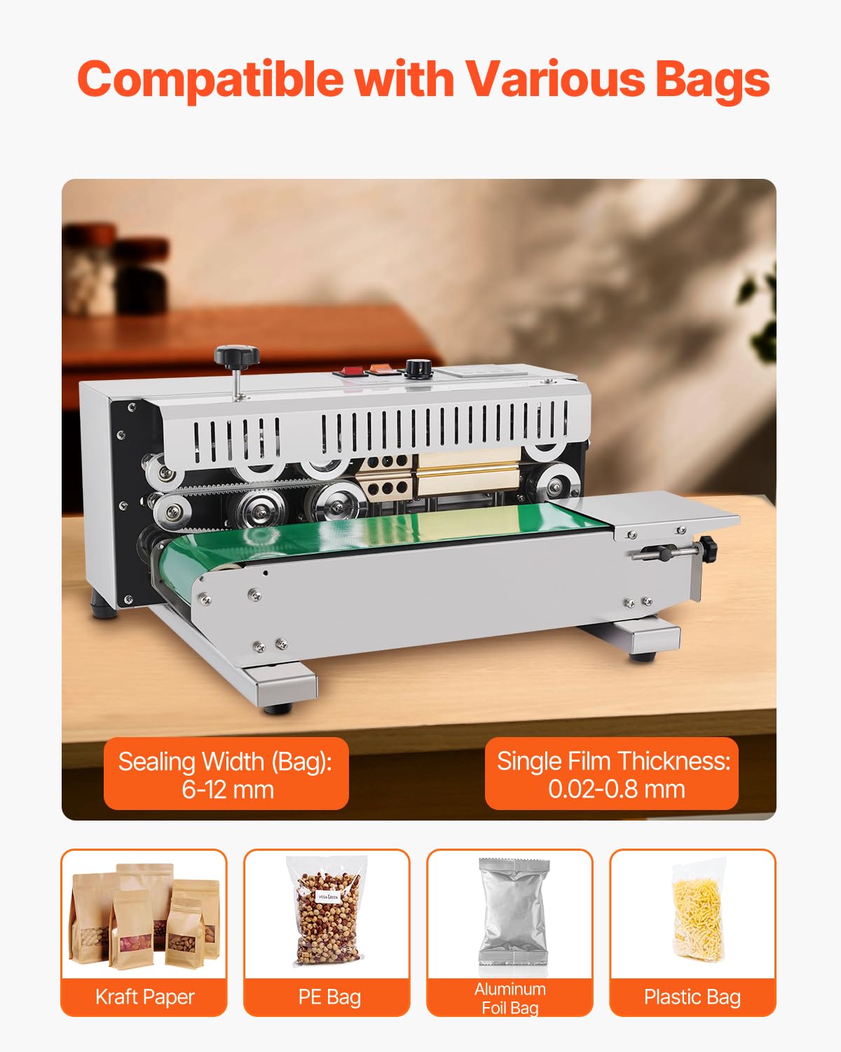 VEVOR Continuous Bag Band Sealing Machine, 0.24-0.47 in/6-12 mm Seal Width, Horizontal Band Sealer Machine with Digital Temperature Control Stainless Steel Bag Sealer for 0.02-0.8 mm Plastic Bag Film