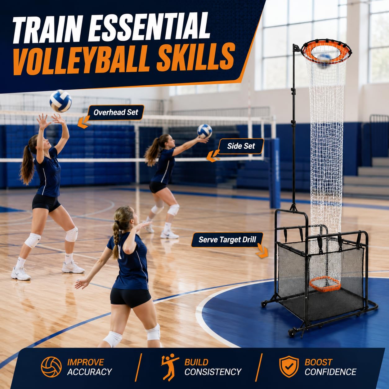 SCHENG-V Volleyball Setting Net, Setter Volleyball Training Net 6.9-10.8 FT Adjustable Height, 45°-180° Adjustable Angle, Stable Base for Indoor Outdoor Practice Equipment