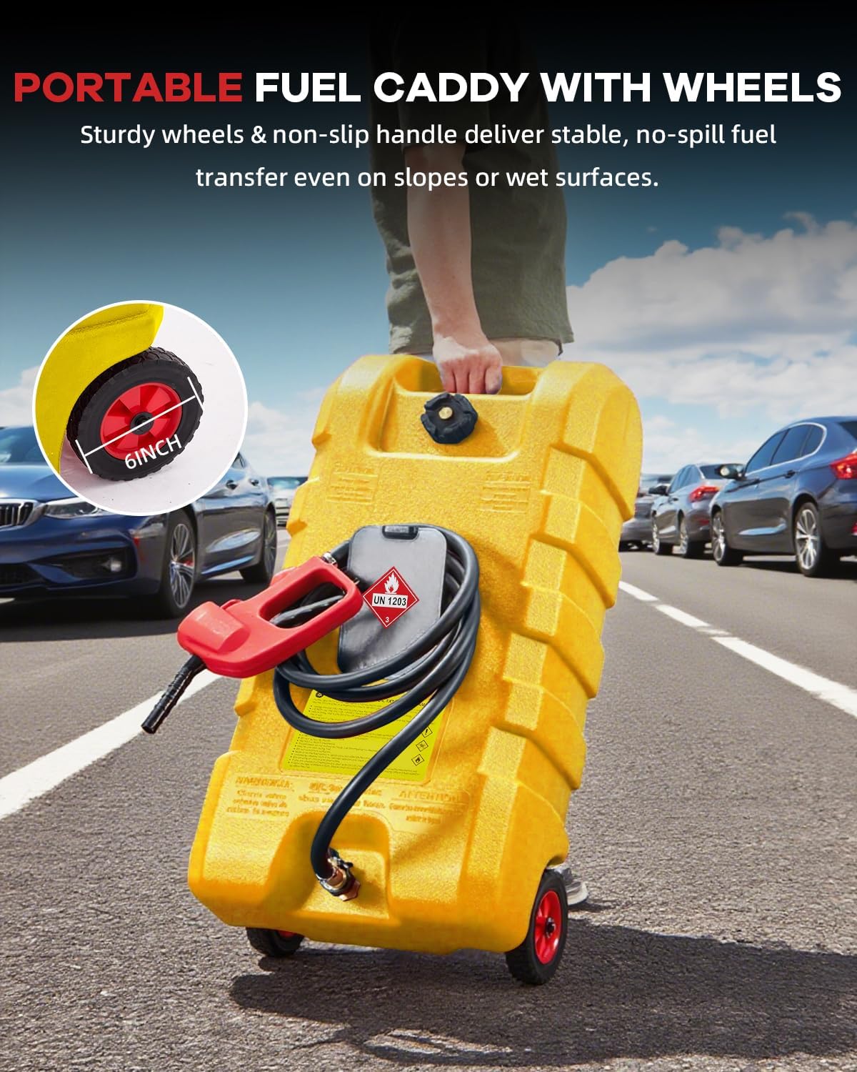 Garvee 15 Gallon Gas Caddy, Heavy-Duty Gas Can and Fuel Caddy with Manual Fuel Transfer Pump, Portable Fuel Tank on Wheels with 10 ft Hose for Lawn Mowers, Cars, Boats, ATVs, Home and Farm Use, Grey
