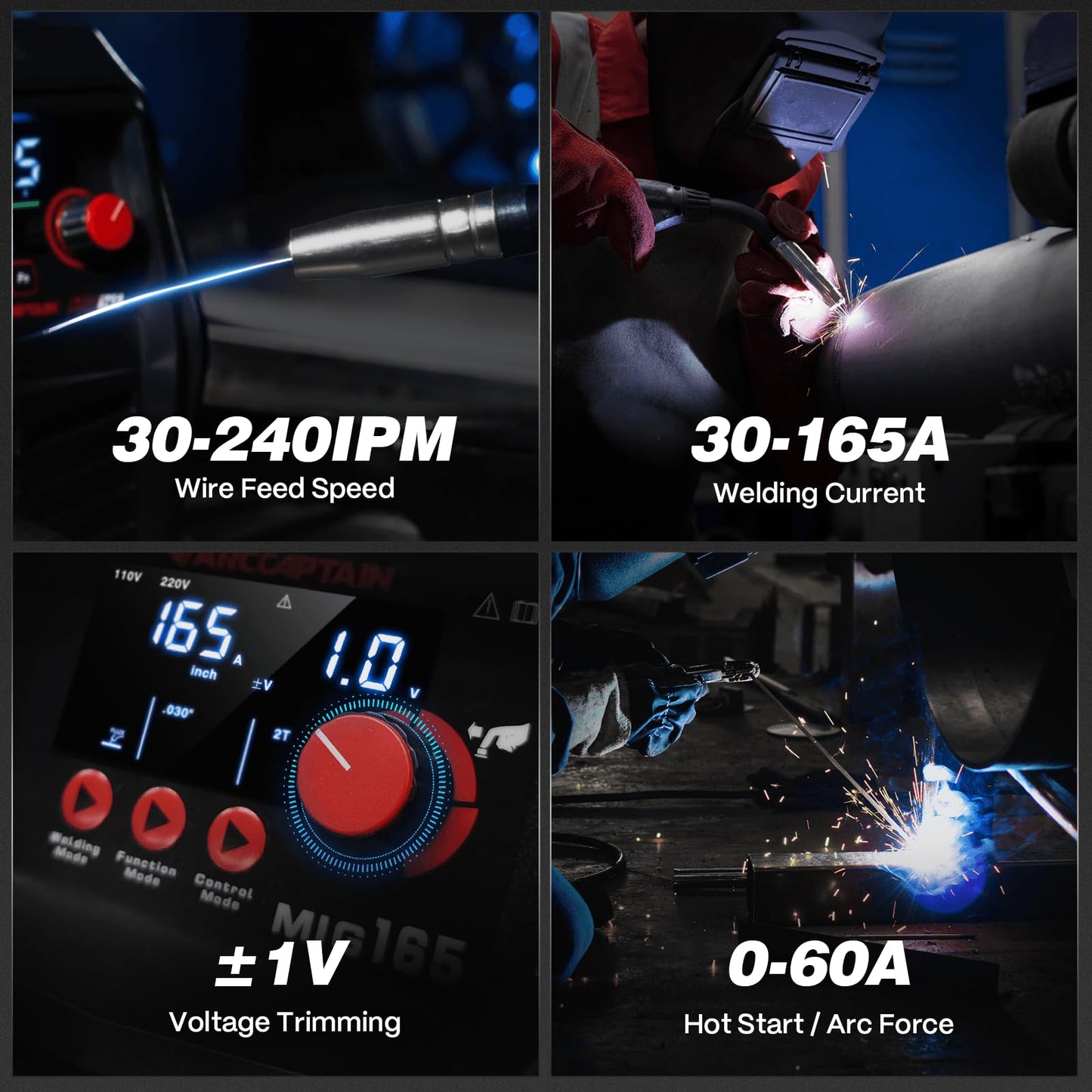 ARCCAPTAIN 165A MIG Welder 110V/220V [Large LED Display] 4 in 1 Gasless/Gas MIG/Lift TIG/Stick Welding Machine Multiprocess Welder Machine, IGBT Inverter Welder with Synergy, 2T/4T